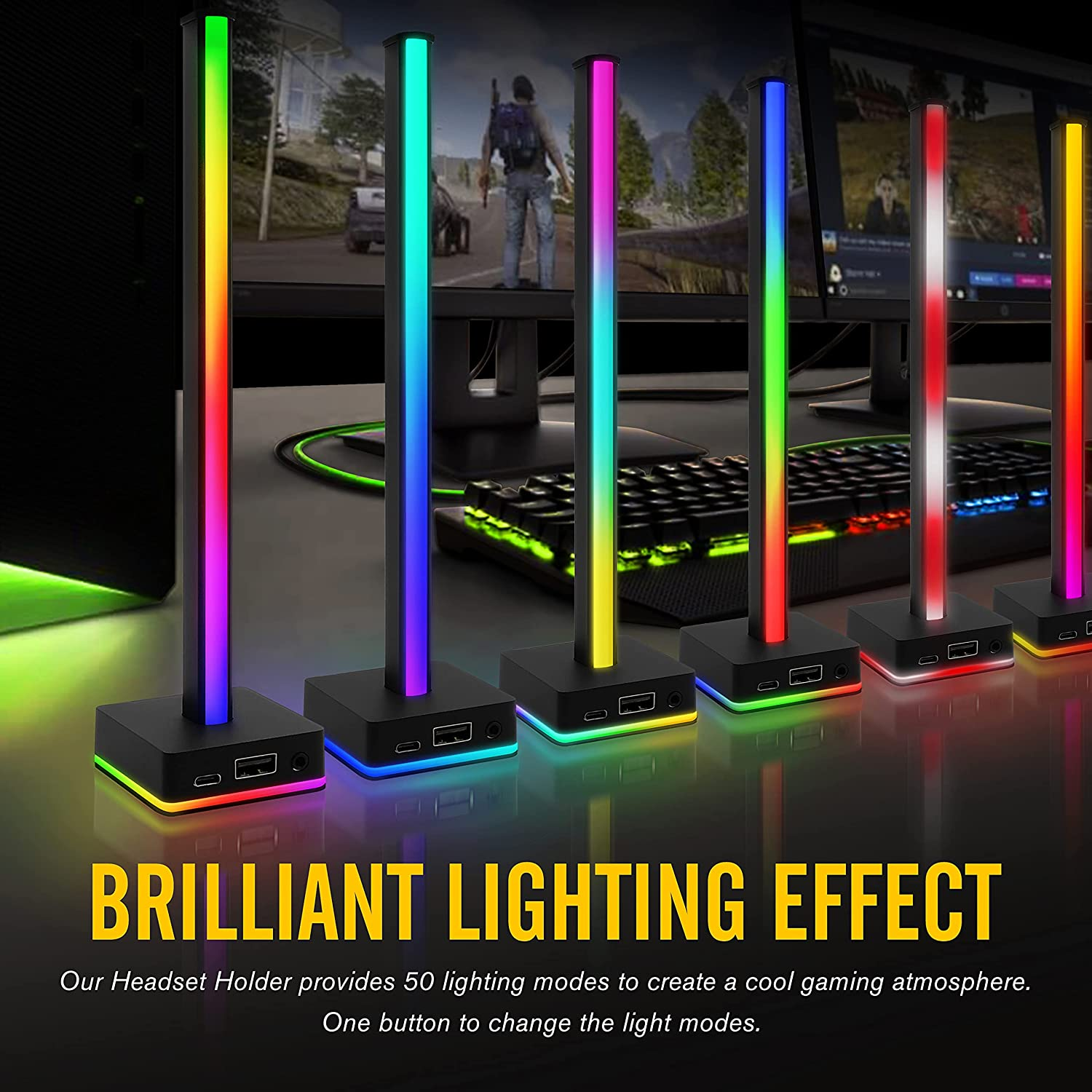 EZDIY-FAB USB LED Light Bar Headphones Stand, Desktop Atmosphere RGB Backlight,50 Built-In Color Modes, Headphone Holder for Gamers Gaming PC Accessories Desk- Black image number 2