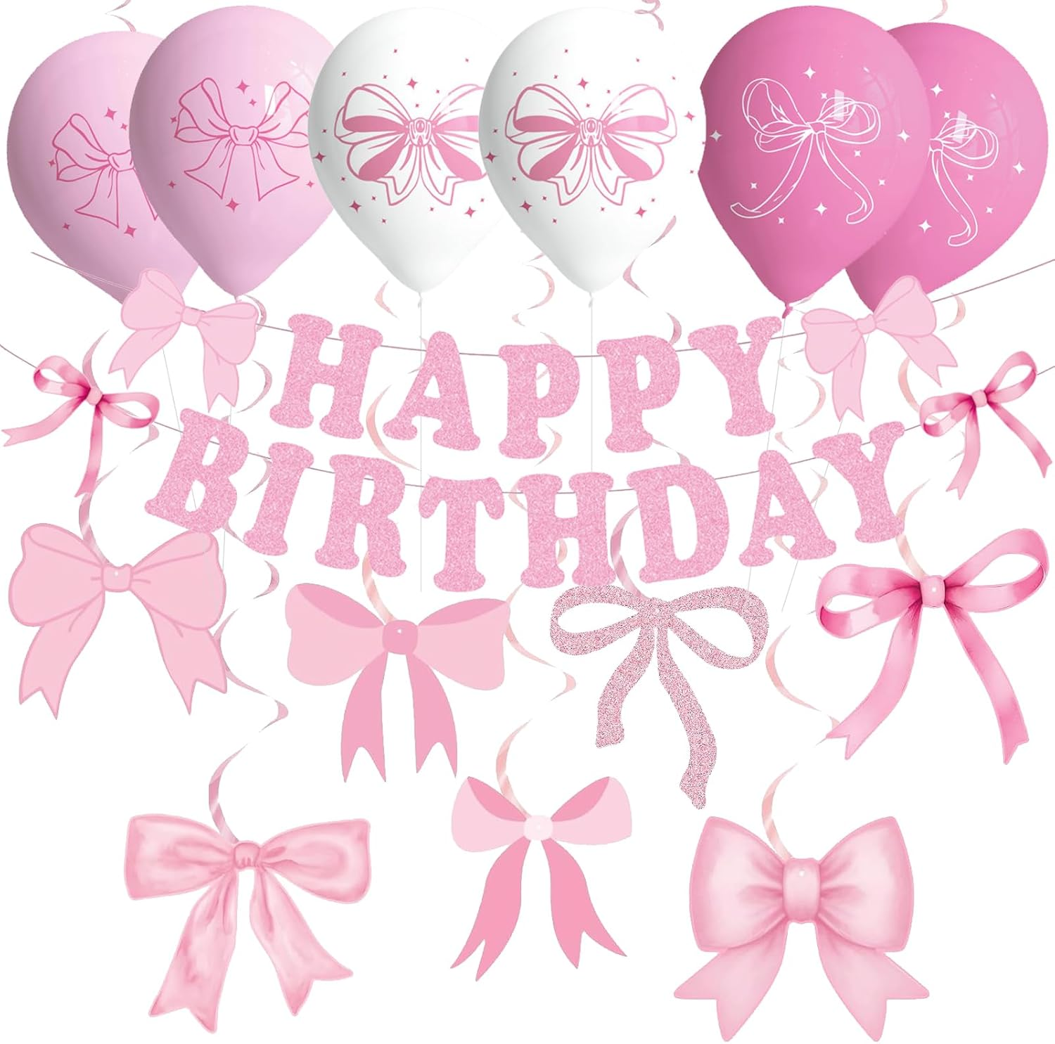 Pink Bow Birthday Party Decorations for Women Girls - Bow Theme Happy Birthday Banner, Backdrop, Bow Tablecloth, Balloons, Paper Tray, Spoons, Forks, Napkin, Cupcake Topper image number 4
