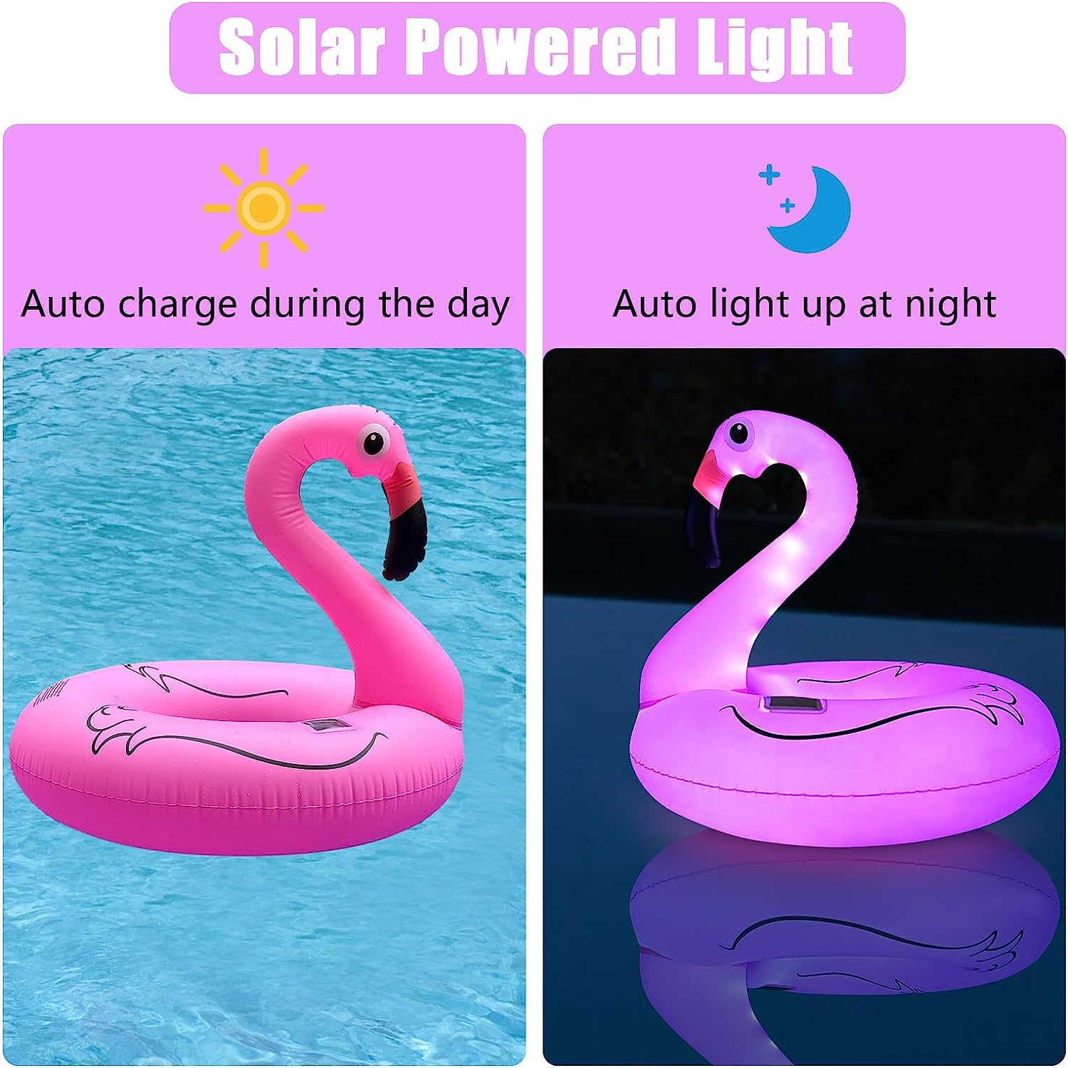 Tepoal Inflatable Flamingo Pool Floats with Lights, Solar Powered Flamingo Swimming Pool Tubes, 42 Inches Summer Lake Beach Floaties Swimming Pool Rings for Adults Water Entertainment