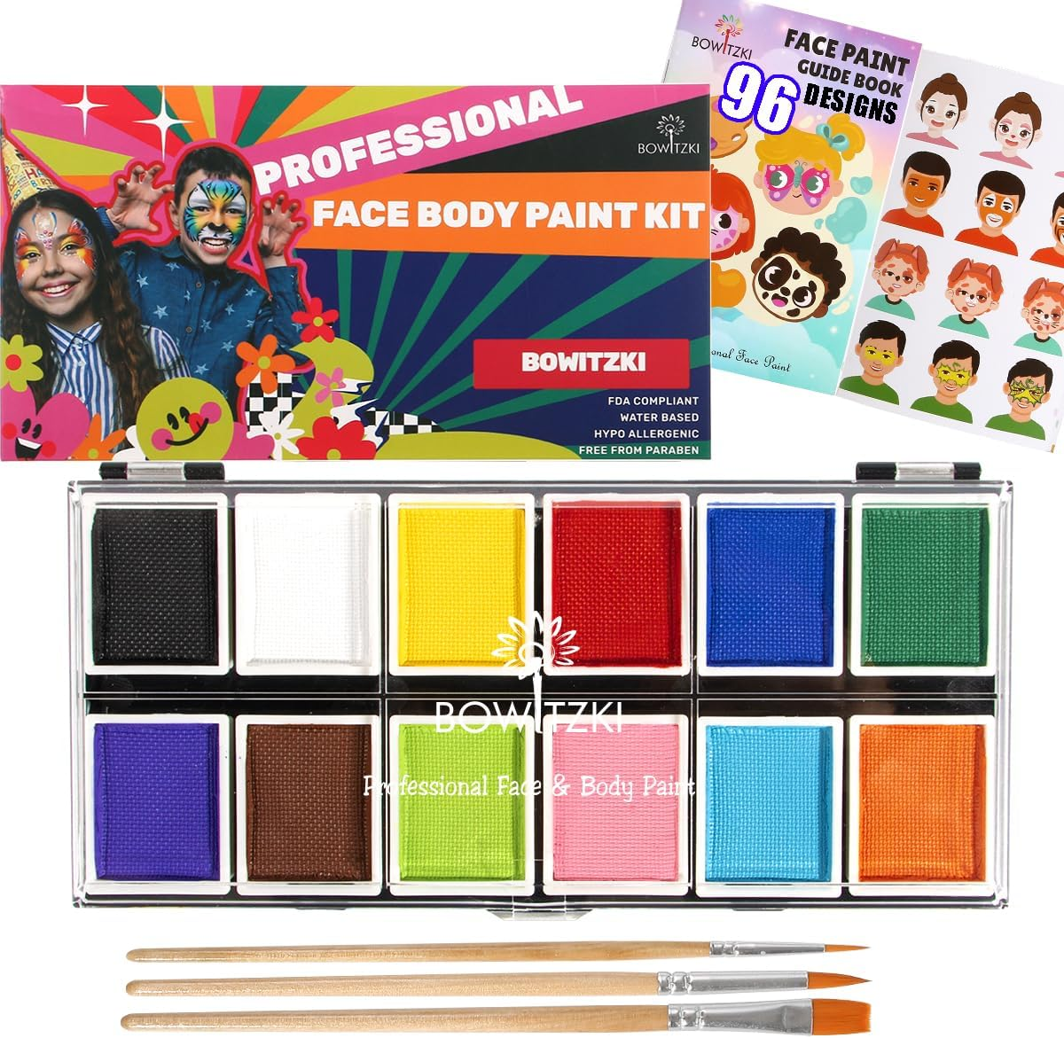 Professional Face Paint Kit, Bowitzki 12 Colors Non Toxic Hypoallergenic Water Based FDA Compliant Halloween Makeup Body Face Painting Colors image number 6