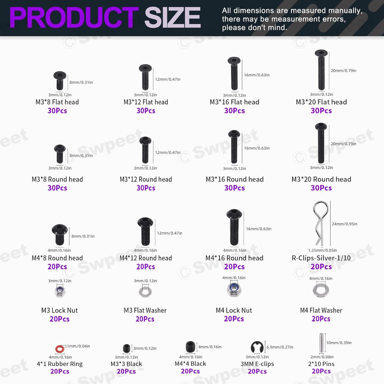 Swpeet 502Pcs Universal RC Screw Kit Screws Assortment Set, Hardware Fasteners Compatible with 1/8 1/10 1/12 1/16 Scale RC Cars, Includes M3&M4 Screws(Flat, round Head, Hex Drive), Flat Washers, Pins image number 6