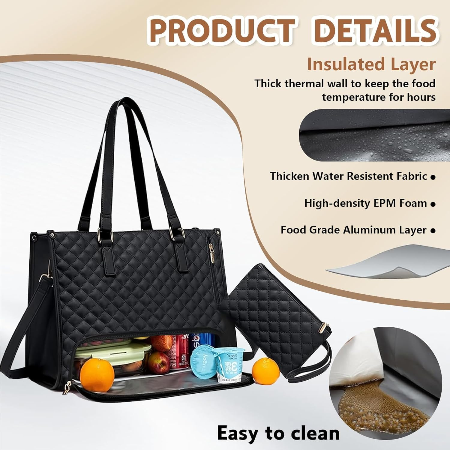 Laptop Tote Bag with Insulated Lunch Compartment for Women, PU Leather 15.6 Inch Work Bag, Elegant Computer Handbag, Versatile Business Tote for Office, Travel or Casual-Classic Black image number 4