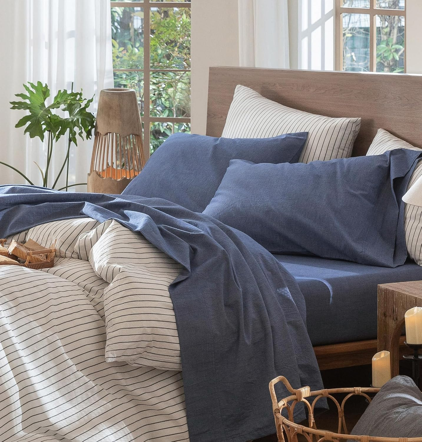 Moomee Bedding Sheet Set 100% Washed Cotton Linen like Textured Breathable Durable Soft Comfy (Tannish Linen Grey, Queen)