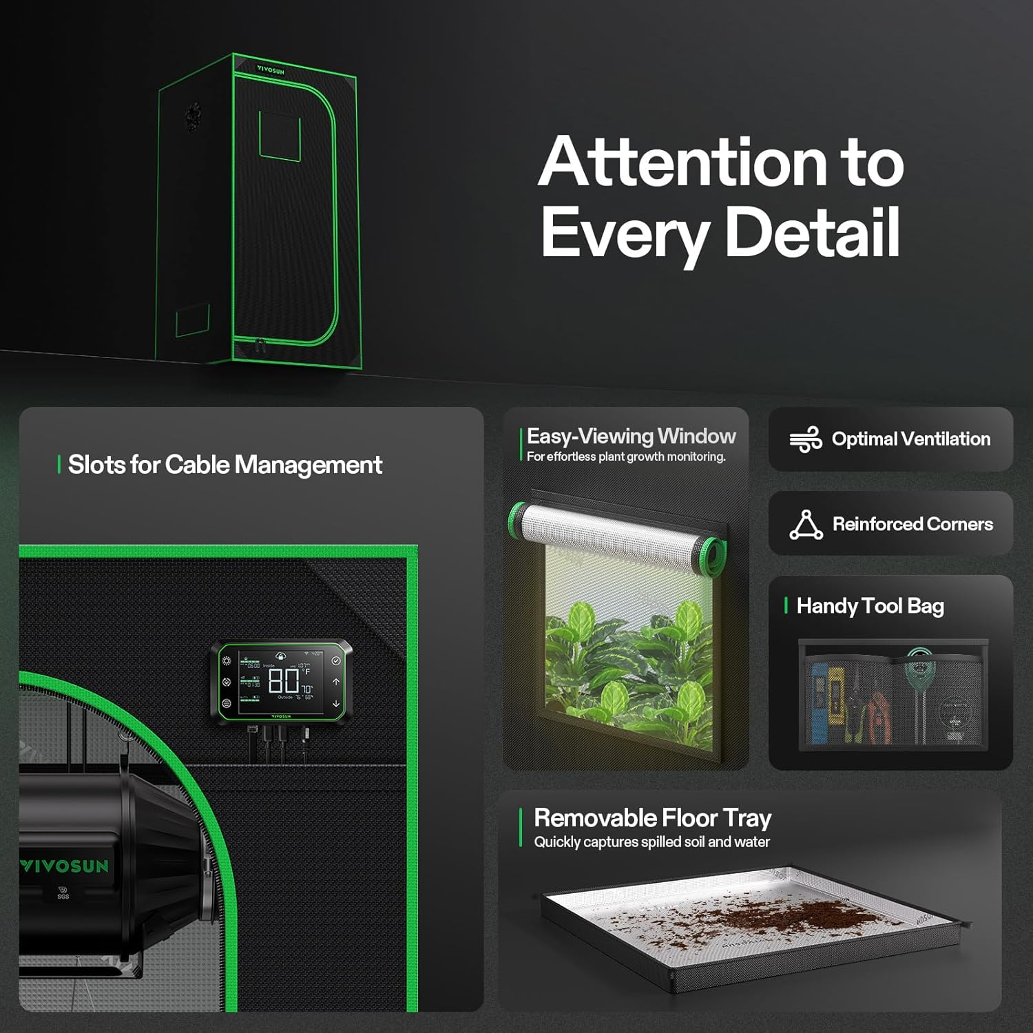 VIVOSUN 32"X32"X64" Mylar Hydroponic Grow Tent with Observation Window and Floor Tray for Indoor Plant Growing image number 1