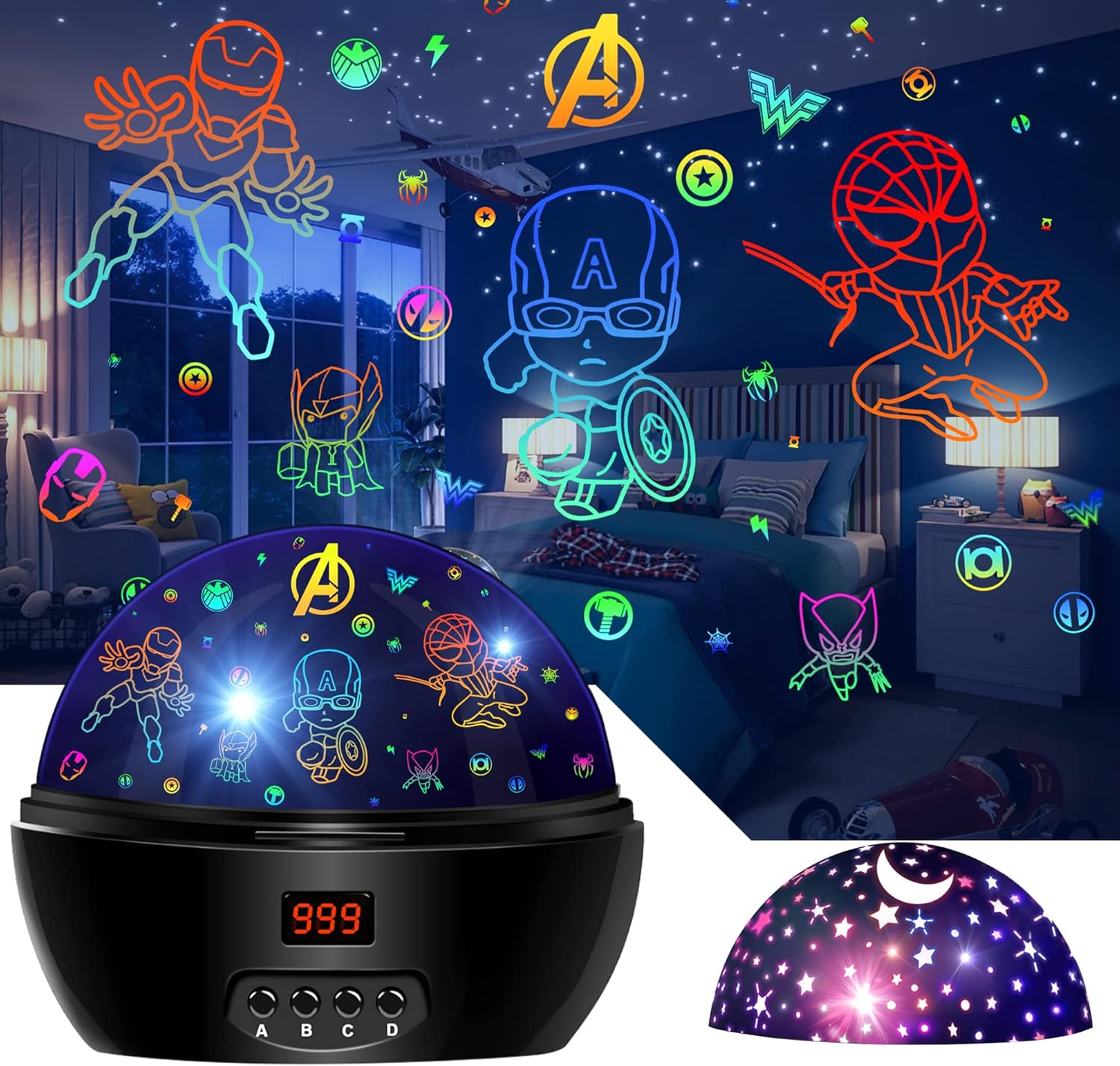 MOKOQI Kid Light Projector Superhero Toys for Boys 5-7 Avengers Night Light Projector with Timer for Kids Room, 360 Degree Rotation Toddler Nightlights with Spiderman Figurine Lamps and Star Projector