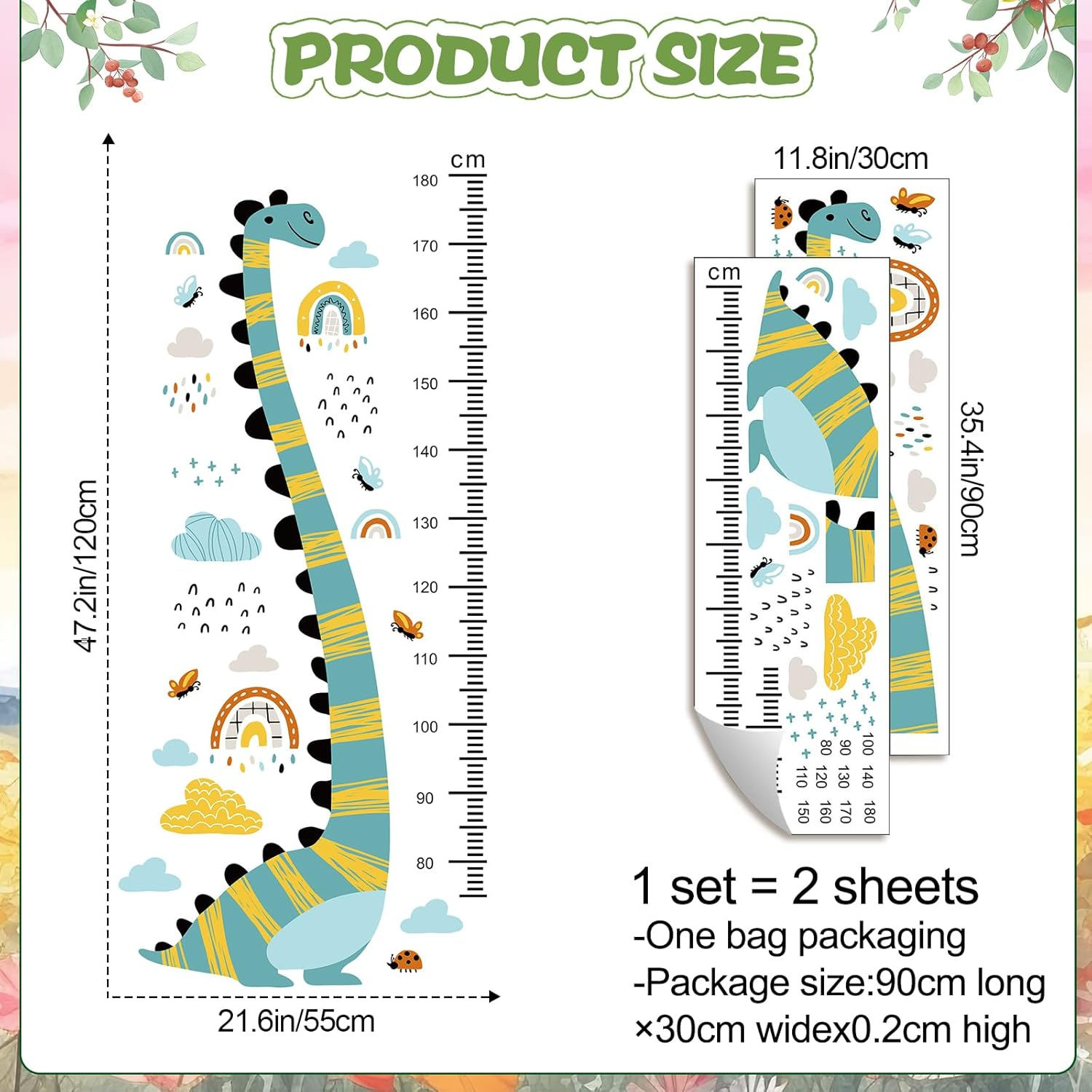 Jungle Animals Height Chart Sticker for Kids Height Measurement Growth Chart Wall Decals Cartoon Animals Giraffe Elephant Height Measurement Ruler Wall Decor for Kids Classroom Decor (Dinosaur) image number 1