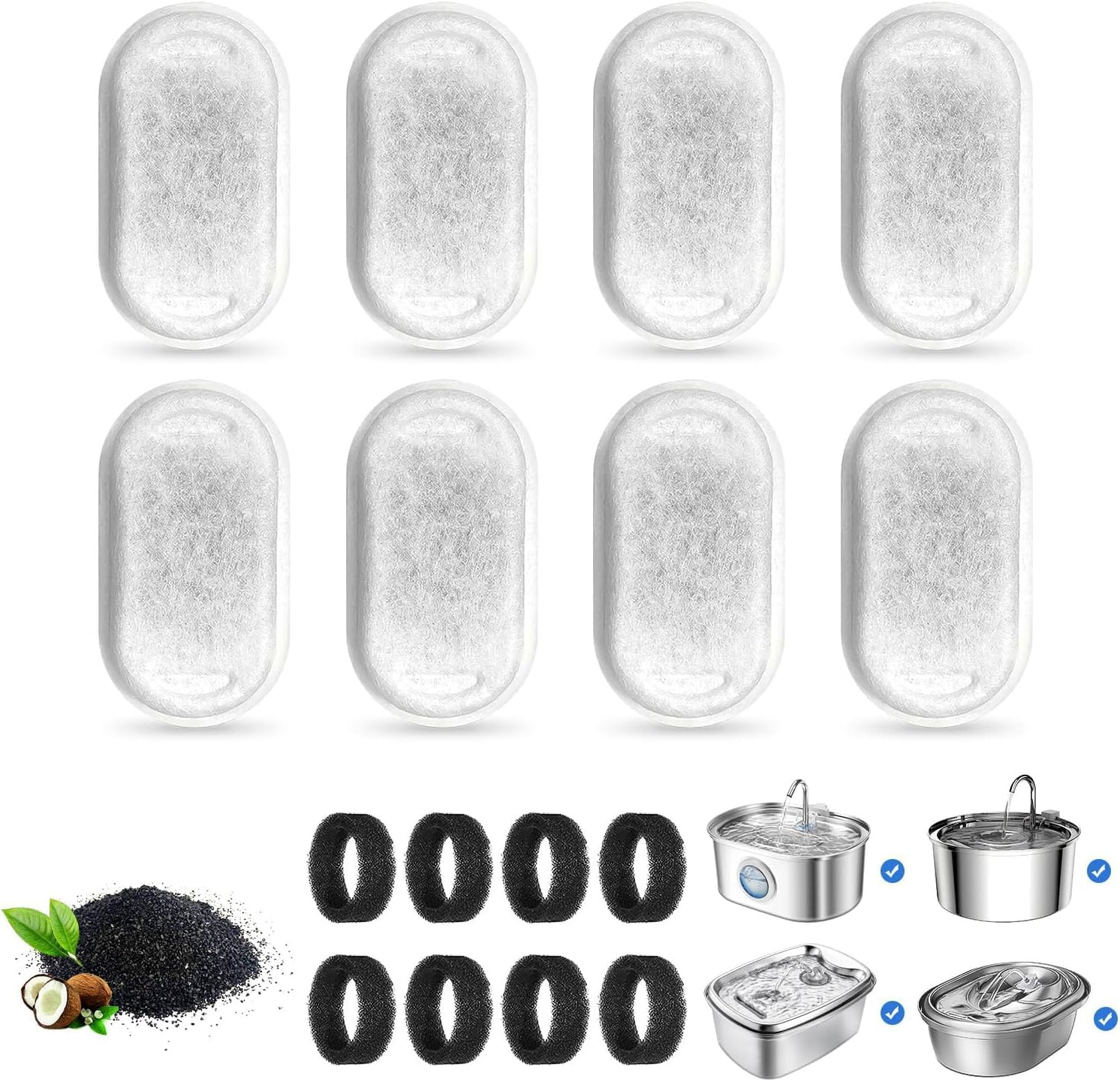 Cat Water Fountain Filters 8 Packs Filters & 8 Sponges Foam Filters for Stainless Steel 108Oz/3.2L & 67Oz/2L image number 2