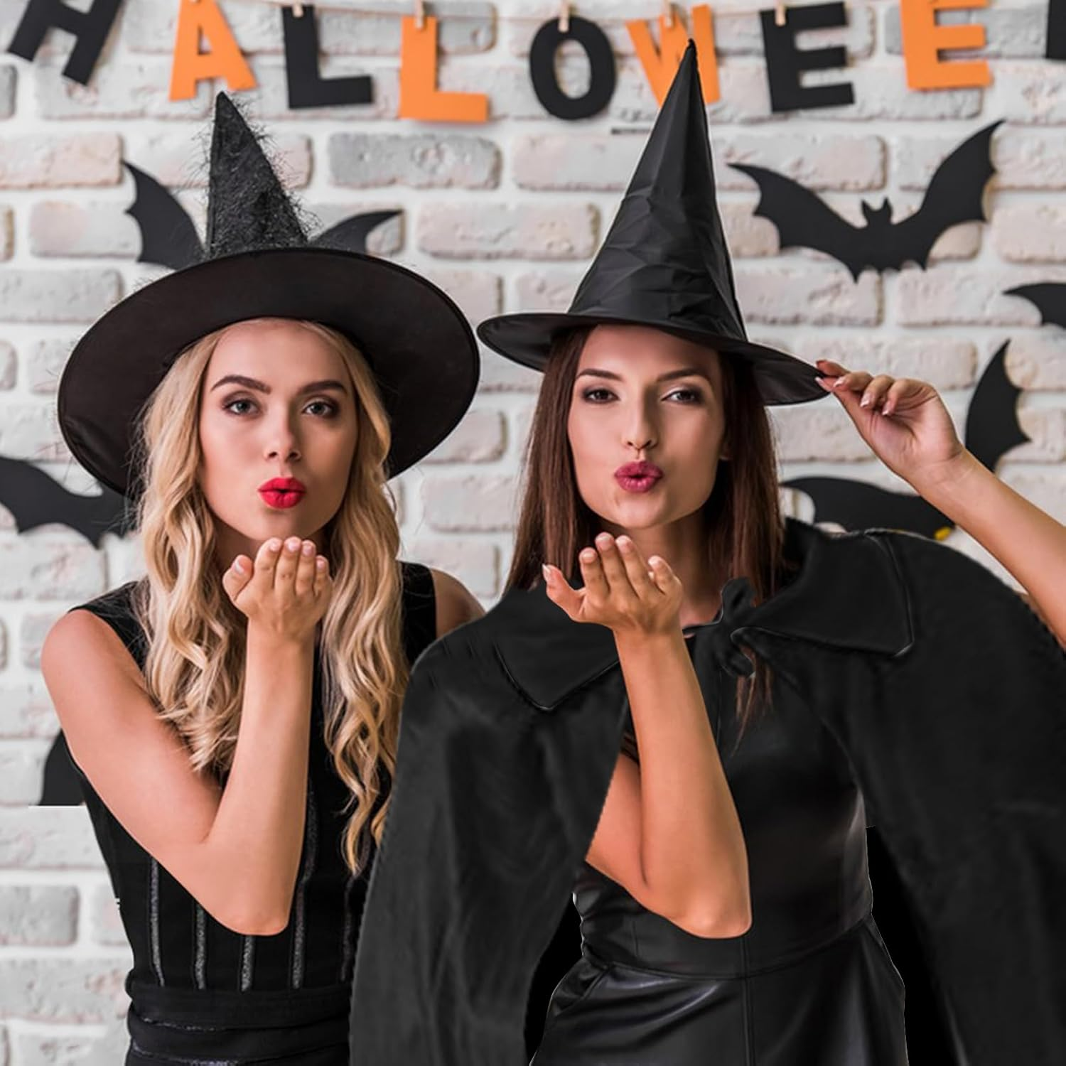 2Pcs Halloween Hooded Cloak Witches Hat Adult, 140Cm Halloween Black Hooded Cape Halloween Witch Hat Grim Reaper Cape Pointed Wizard Hat for Men Women Halloween Witch Vampires Costume Cosplay Party