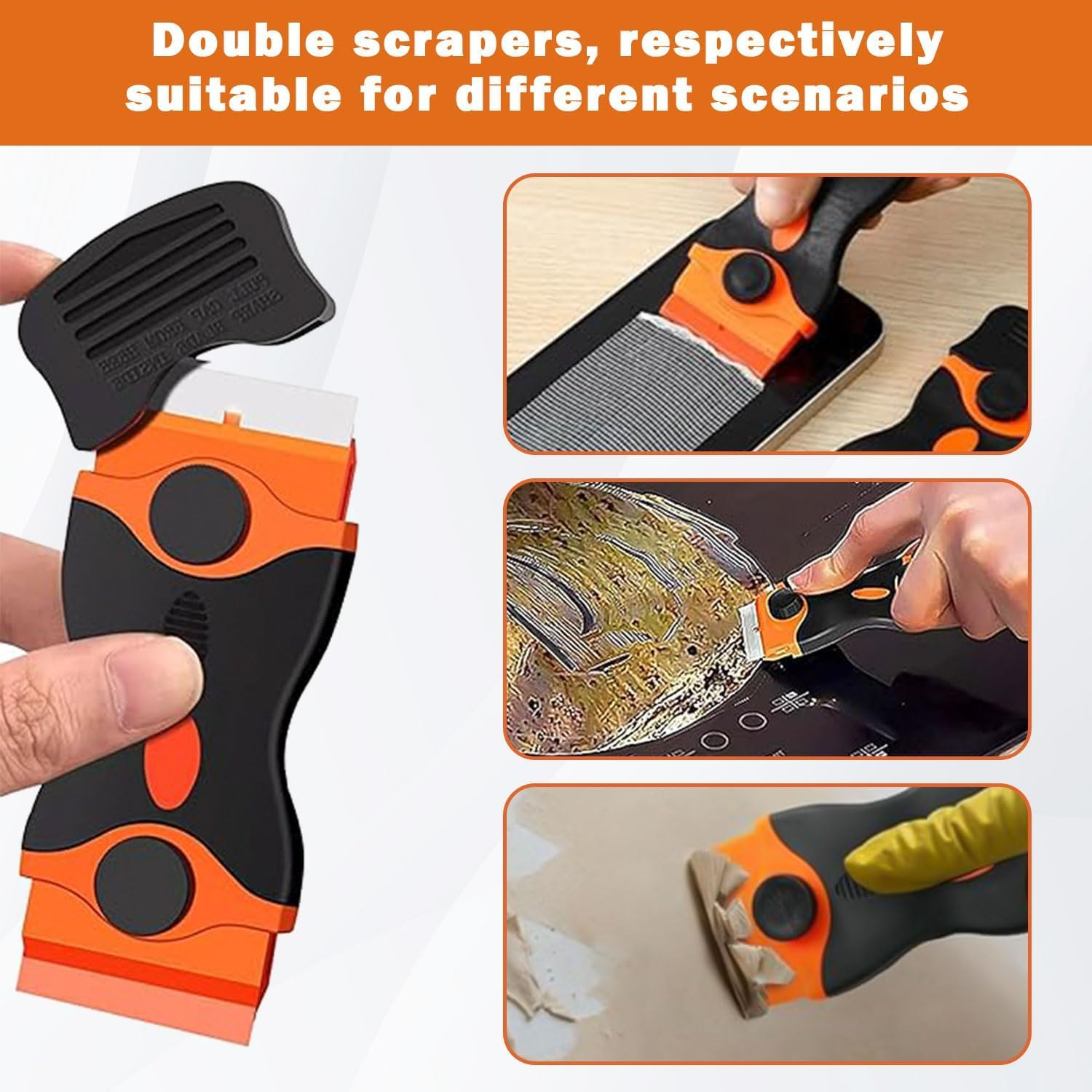 Window Scraper Tool with 10 Metal+10 Plastic Blades,Non-Scratch Double Edged Glass Sticky Stuff Remover,Multi-Purpose Ceramic Scraper Oven Cleaning Tool for Stickers Labels Decals Wallpaper (Orange) image number 1