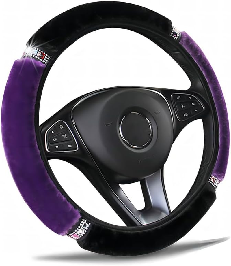 Diamond Fluffy Steering Wheel Cover with Sparkly Crystal Rhinestones, Universal 15 Inch Car Elastic Steering Wheel Protector for Women Girls (Red)