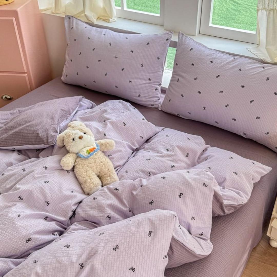 Pink Cartoon Duvet Cover Double-Layer Yarn Feel Super Soft Breathable Cozy Comforter Cover 3 Pieces Bedding Sets with 2 Pillowcases (Purple, Full) image number 3