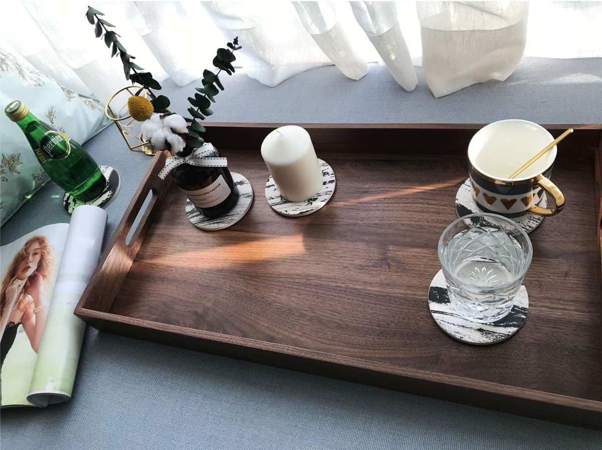 MAGIGO 22 X 14 Inches Large Rectangle Walnut Wood Ottoman Tray with Handles, Serve Tea, Coffee or Breakfast in Bed, Classic Wooden Decorative Serving Tray - Cherry Wood image number 5