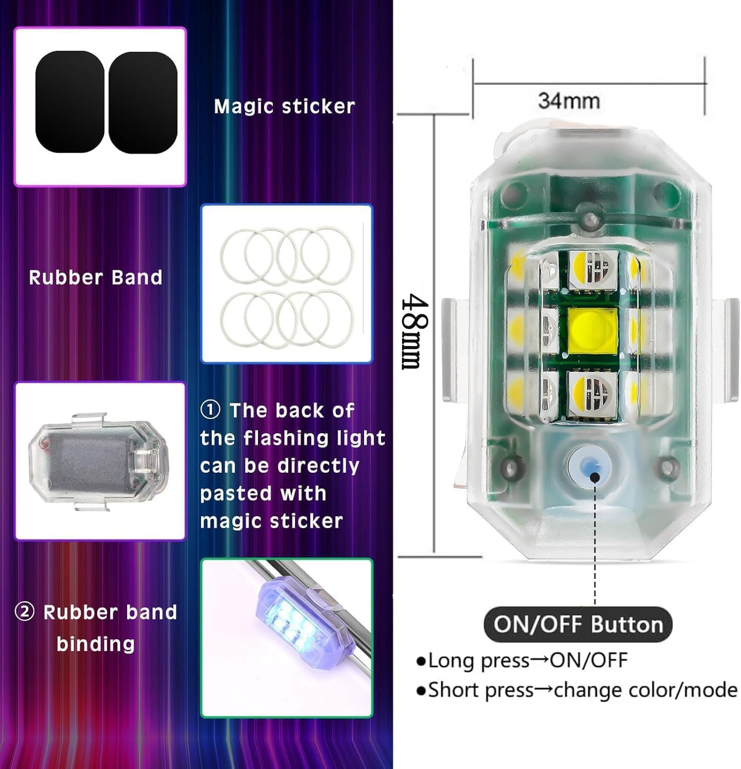 KEWAYO 4PCS Car Modification Navigation Light Wireless Remote LED Anti-Collision Frequency Explosion Flashing Light 7 Colors USB Charging Motorcycle Bicycle Tail Light Drone Night Running Light image number 2