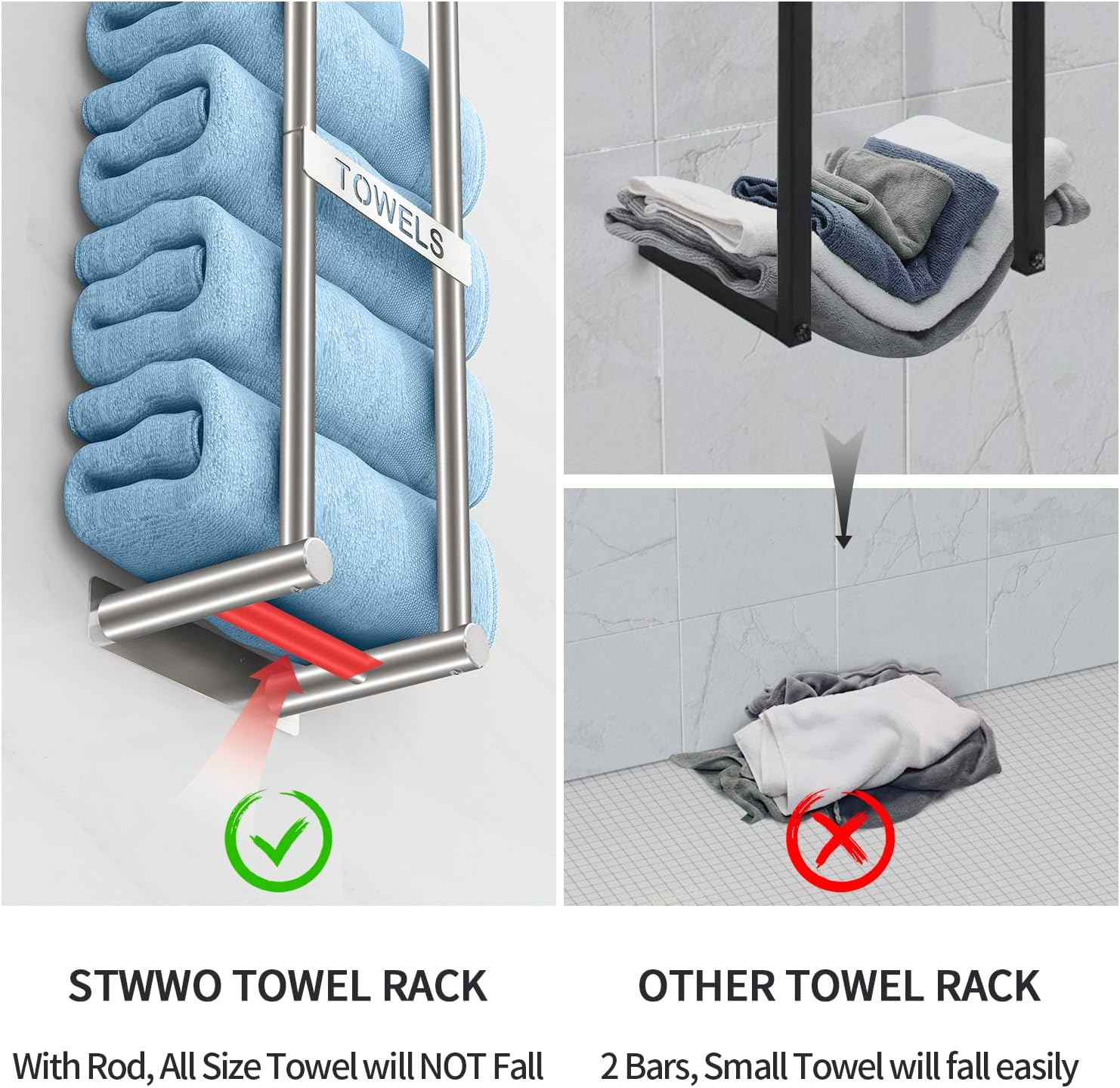 Towel Racks for Bathroom, STWWO Towel Storage for Small Bathroom 22Inch, Stainless Steel Towel Rack Wall Mounted for Bath Towel, Brushed Nickel image number 7