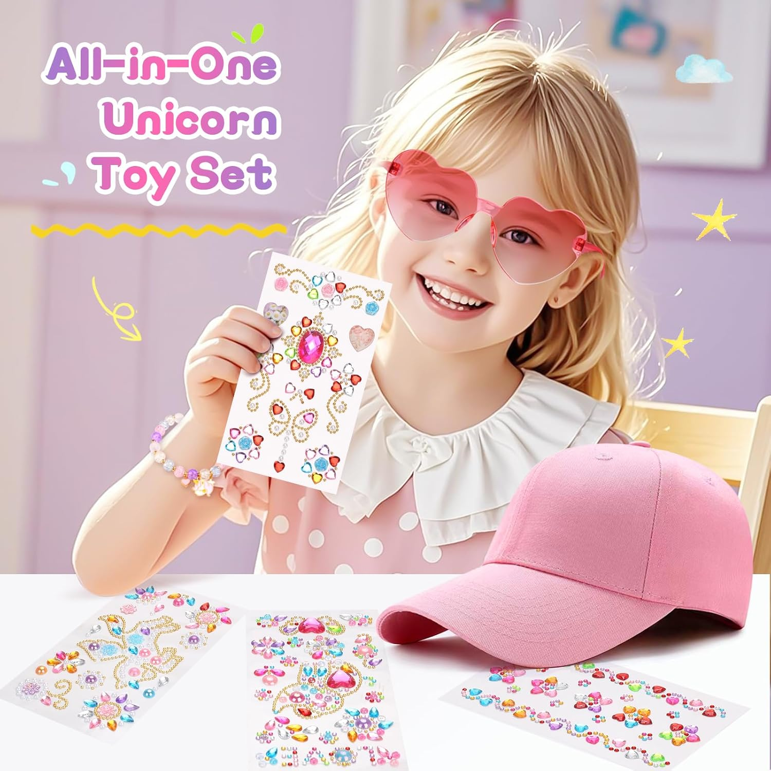 Unicorn Toys for Girls - Girls Toys 4 5 6 7 8-12 Years Old with Light up Stars Pillow/Purse/Diary with Lock/Adjustable Hat & Gem Stickers/Unicorn Gifts Birthday Christmas Easter image number 3