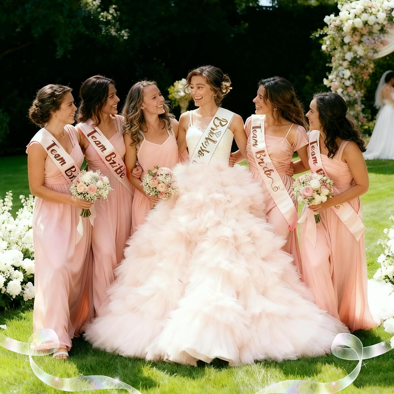 Bride to Be Sash and Veil Set - 1 White Bride to Be Sash, 1 Bride to Be Veil and 6 Team Bride Sashes, for Bridal Shower Decorations, Hens Party Decorations, Bridal Showers, and Hens Parties image number 1