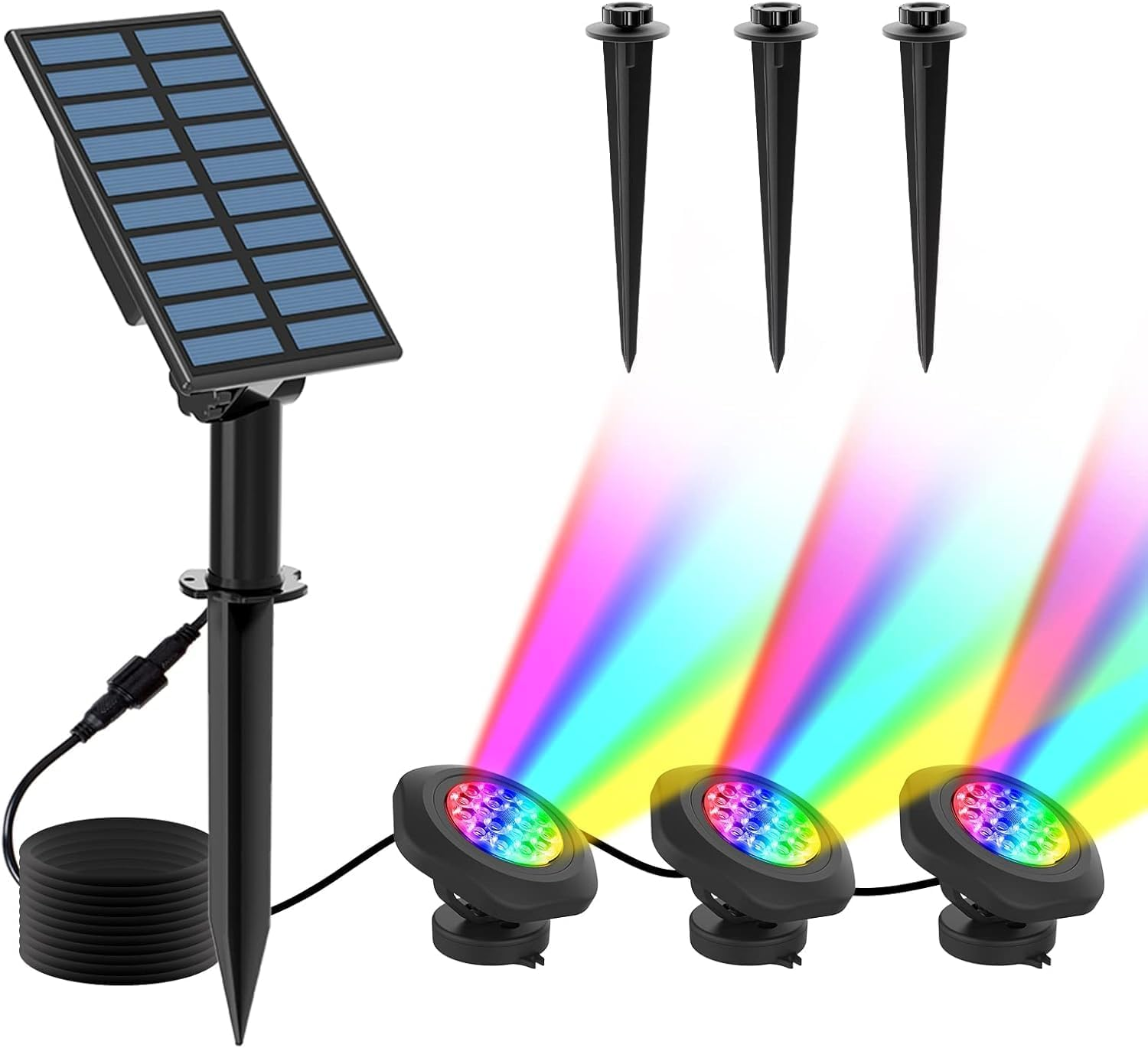 T-Sun Solar Powered Pond Lights, 6 Colour Changing LED Spotlights, 18 LED Super Bright Submersible Pond Light IP68 Waterproof Fountain Lights for Fish Aquarium Tank Garden Yard Pool (3-In-1) image number 2