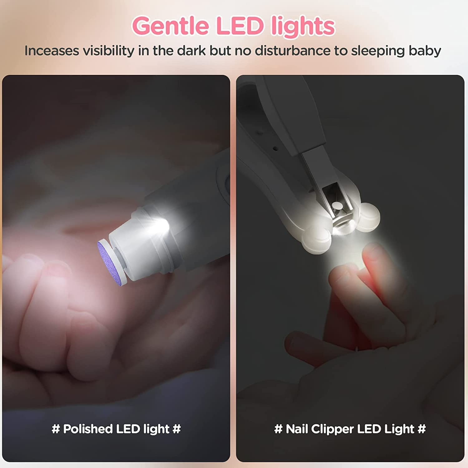 Electric Baby Nail File Trimmer, 2 In1 Rechargeable Baby Nail Clipper Baby Nail File Set with LED Light & 6 Grinding Heads, Care Trim Polish Toes and Fingernail Grooming Manicure Kit for Newborn, Toddler, Kids, Infant (White) image number 5