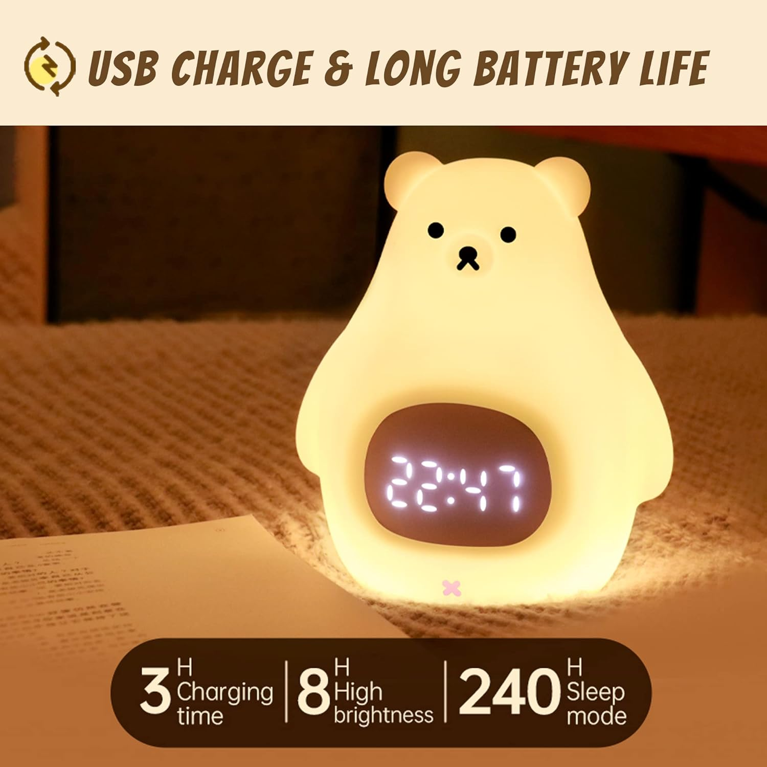 Bear Night Light, Cute Kids Alarm Clock, Soft Bpa-Free Silicone Portable Nursery Lamp, Children USB Rechargeable Nightlight for Girls Boys Toddler Birthday Gifts Bedroom Room Decor - Purple image number 6