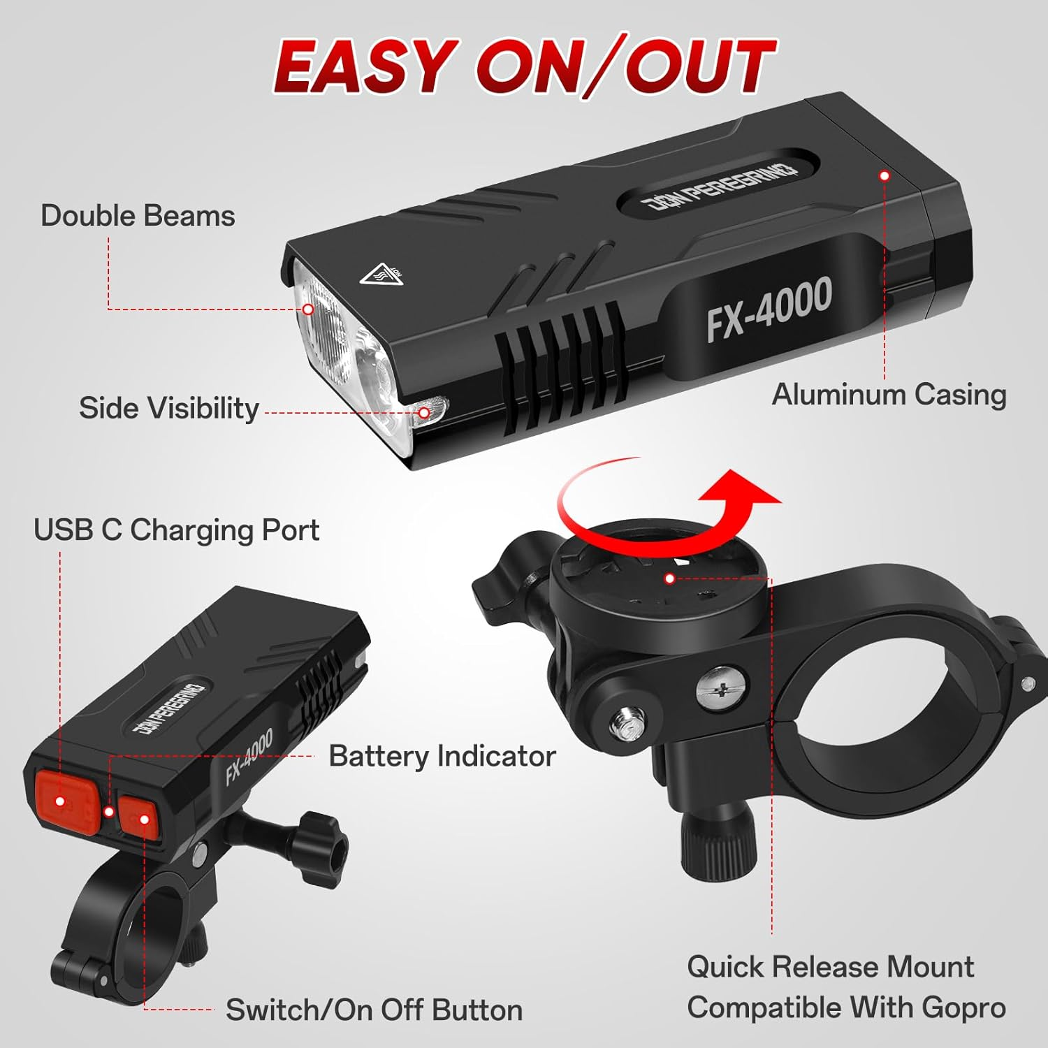 Bike Light Front 4000 Lumens &ndash; Aluminum Casing, IP65 Waterproof, USB-C Rechargeable, 6 Steady/Flash Modes, Quick Release Mount, DON PEREGRINO FX-4000 Bicycle Lights