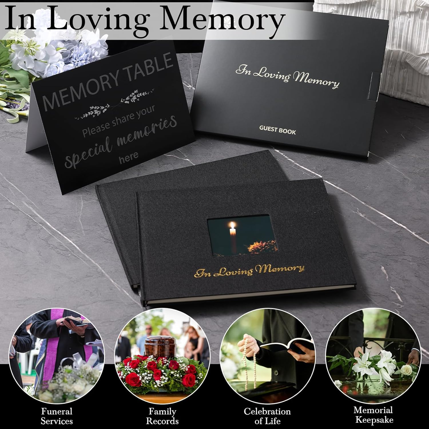 Funeral Guest Book for Memorial Service, in Loving Memory Funeral Guest Book, Celebration of Life Guest Book Black Linen Hardcover Memory Book for Funeral Guest Sign in Guestbook for Funeral Service