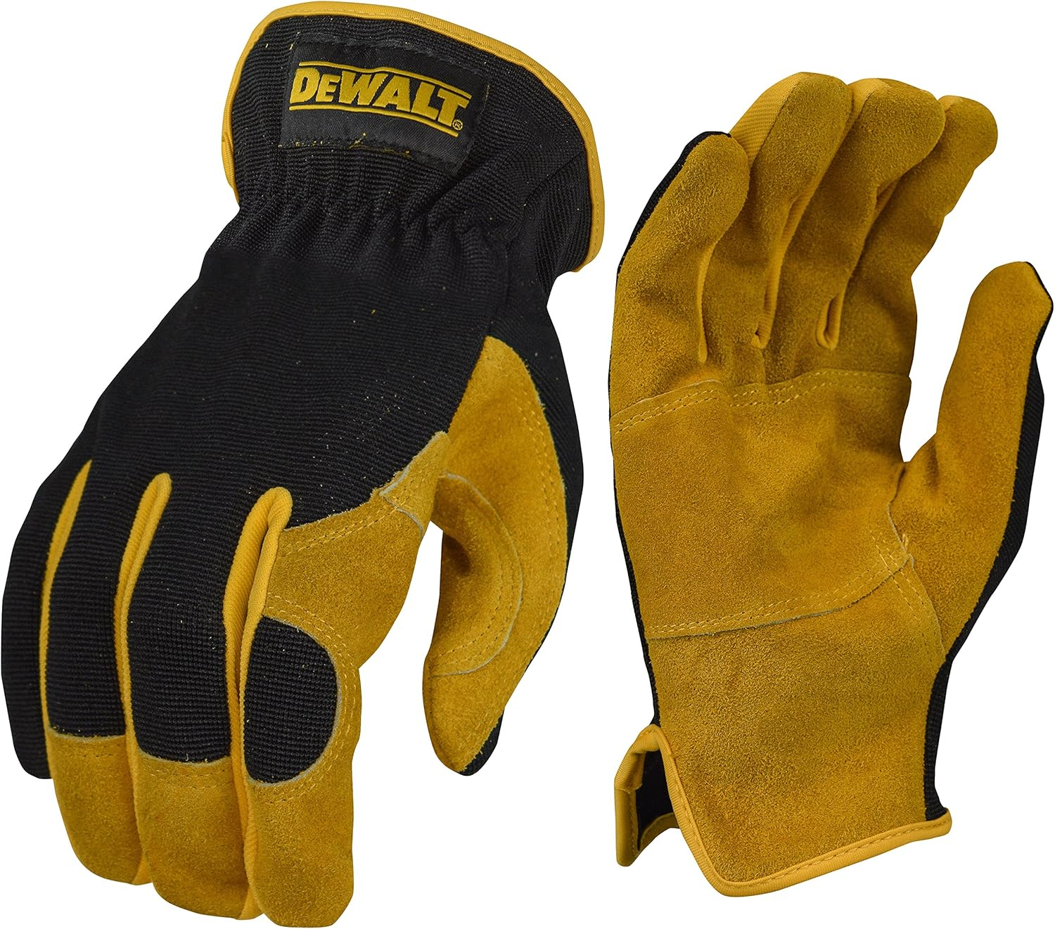 DEWALT Leather Work Gloves for Men - Heavy Duty, Split Cowhide Performance Hybrid Gloves with Slip-On Cuff for Easy Wear