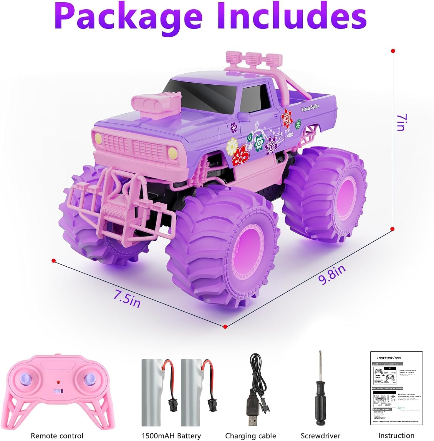 Remote Control Monster Truck for Girls- 1:16 Rc Car with 2 Batteries 2.4Ghz 4WD Off-Rock All Terrain Waterproof Amphibious Toys, for Christmas Birthday Gifts Presents Kids Boys Girls Ages 6+ image number 1