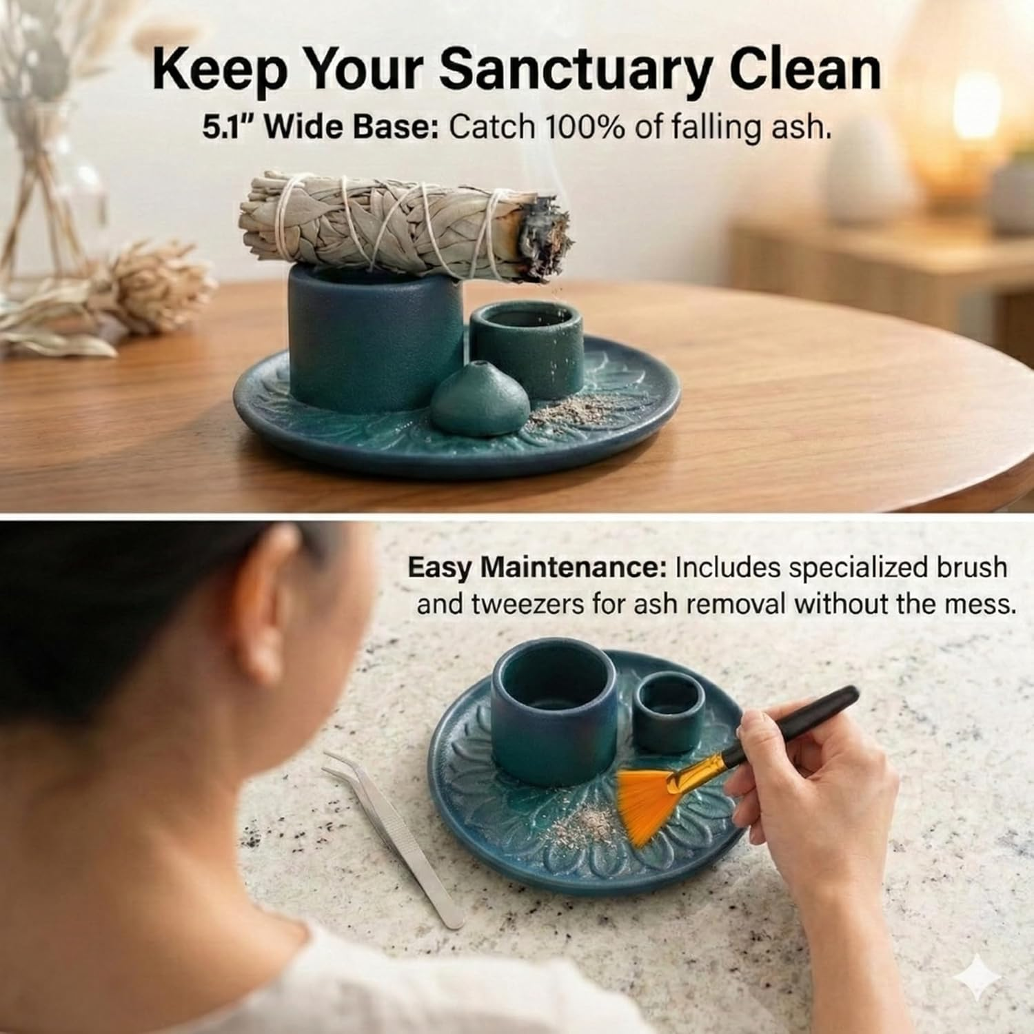 Palo Santo Sticks Holder, Multi-Purpose Handmade Ceramic Incense Burner for Palo Santo Incense Sticks, Sage Holder for Burning, Ash Catcher Tray for Meditation Yoga Room - Brown White image number 3