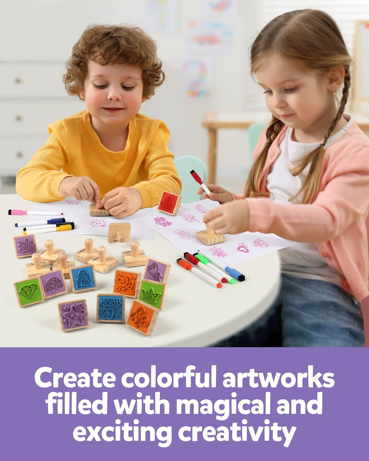 Coogam Wooden Stamp for Girls Friendship, 20Pcs Color Shape Unicorn Butterfly Mermaid Stamp Set with Markers, DIY Arts Crafts Printing Stamping Party Favor Toy for 3 4 5 Year Old Kids