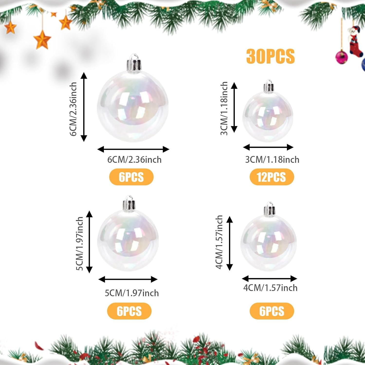Clear Iridescent Christmas Balls 30PCS 3/4/5/6Cm Shatterproof Plastic Baubles Shiny Hanging Ornaments for Xmas Party Tree Decorations