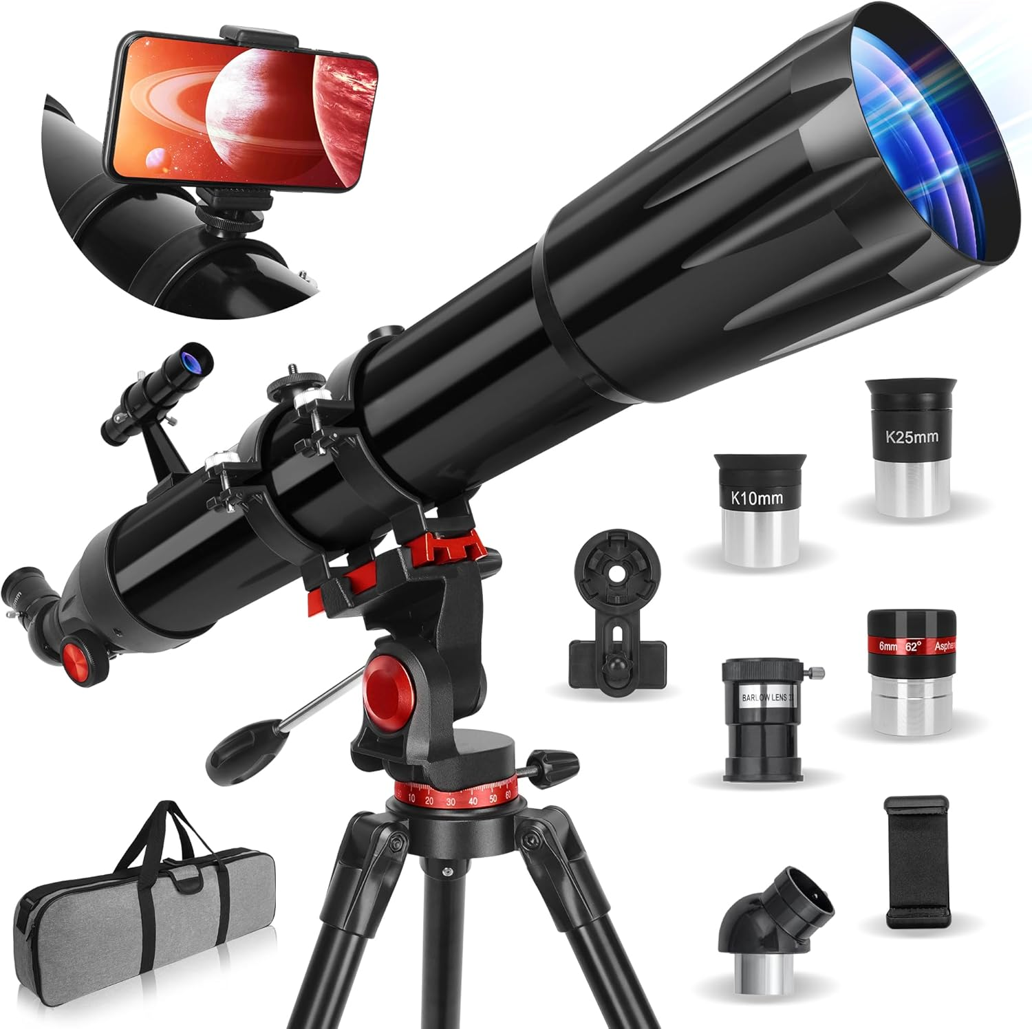 Telescope,Telescope for Adults High Powered, 90Mm Aperture 900Mm Professional Refractor Telescopes for Kids & Beginners, Magnification 450X,For Planet Observation with Stainless Tripod & Phone Adapter image number 4