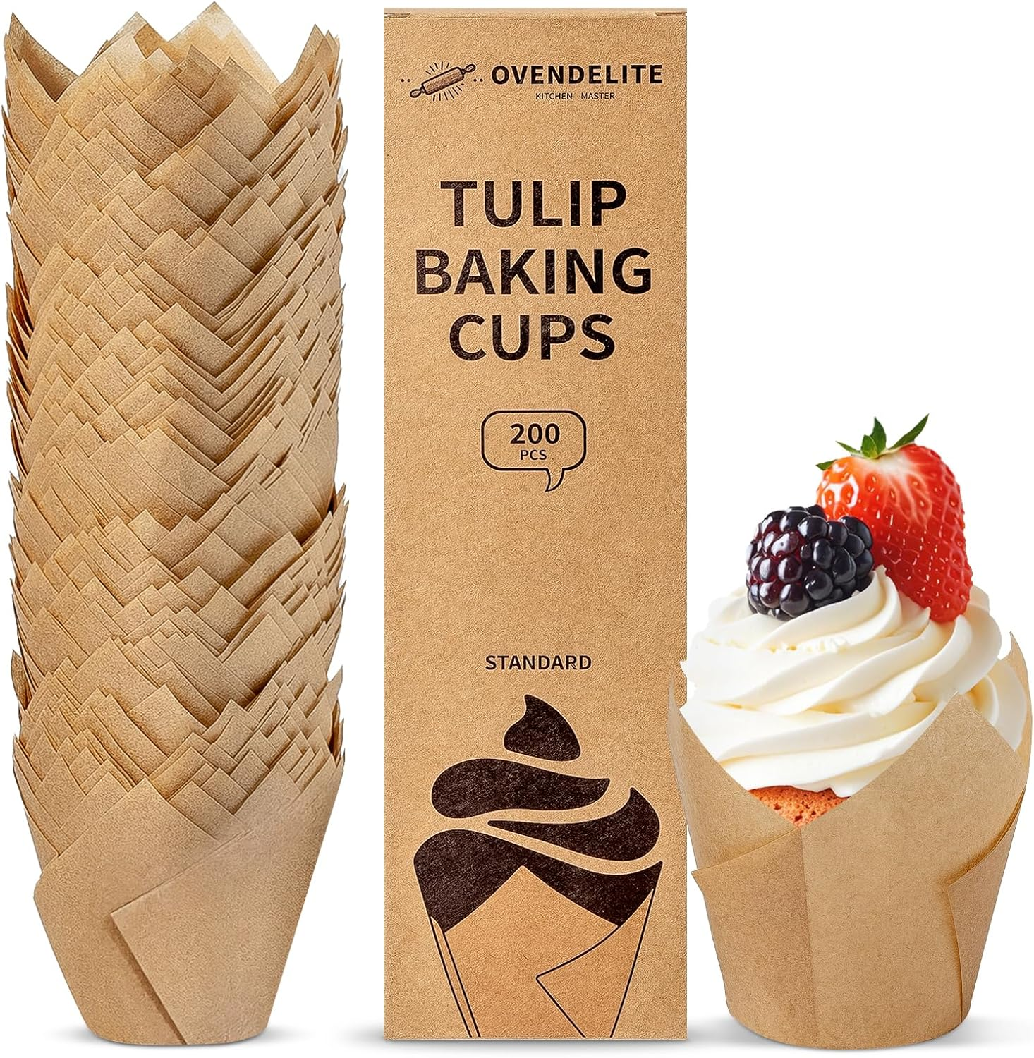 Ovendelite Tulip Cupcake Liners Natural 200PCS - Unbleached Parchment Muffin Liners, Non-Fade Oven-Safe, Brunch & Cafe Style Baking Cups