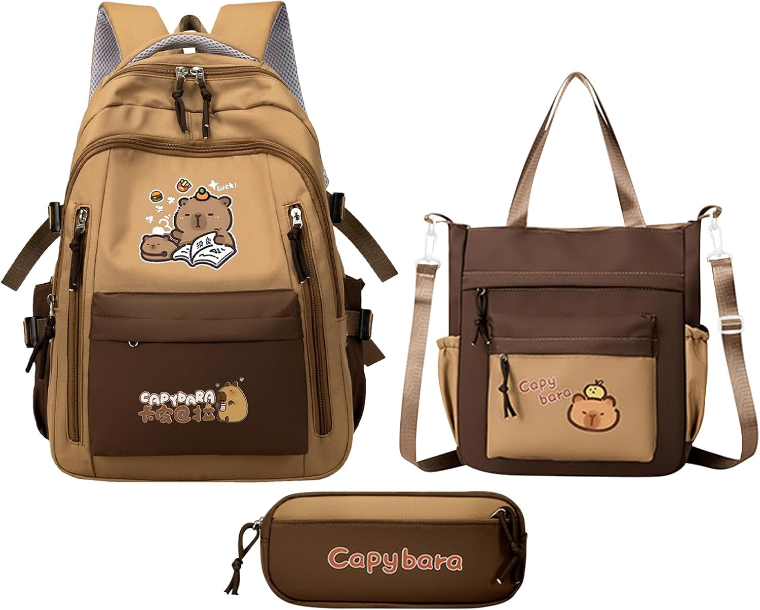 Capybara School Backpack | Girl Bookbag with Pencil Case and Tote Bag,Storage Cute Aesthetic Laptop Bookbag for Students Kids Daily Travel School