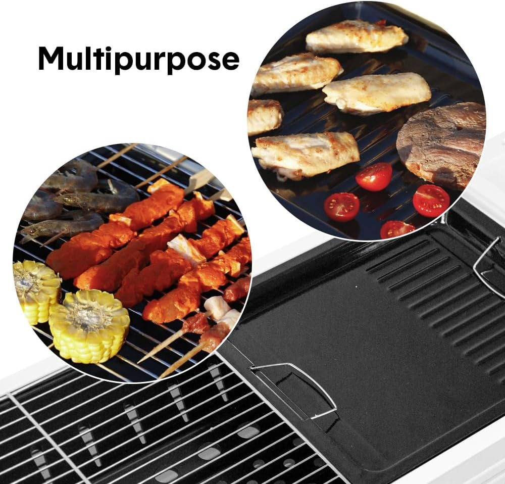 ALSTON Portable Large Barbecue Charcoal Grill Stove Foldable Charcoal Outdoor Camping Barbecue Stainless Steel BBQ Grill, with 2 Grill Nets 2 Enamel Baking Pans Tong, 122X55X31Cm image number 2