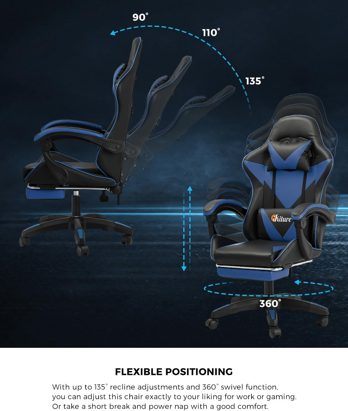 Oikiture Home Gaming Chair Executive Computer Desk Chair with Footrest and Lumbar Pillow Massage Office Chair Black and Blue image number 1