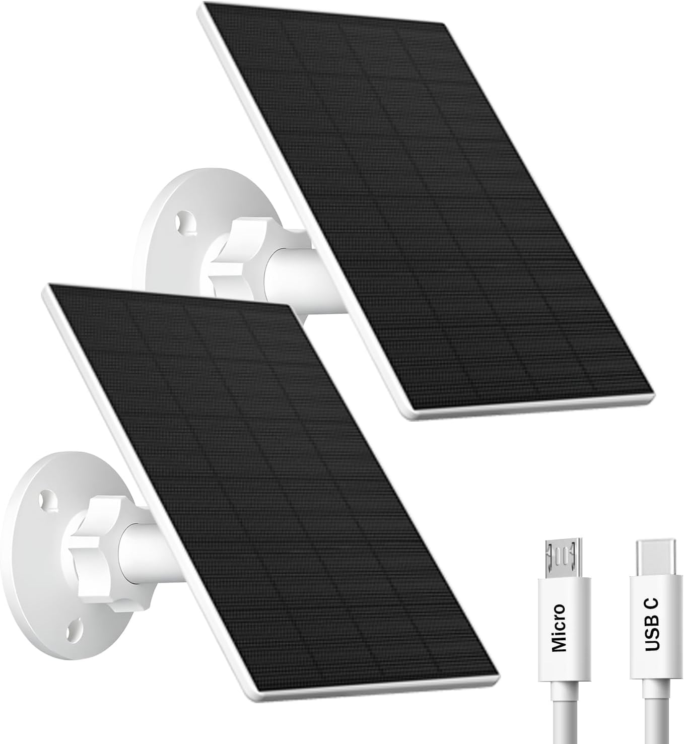 VUEBEE 2W Solar Panel for Security Camera Outdoor, USB/USB-C Charger with IP65 Waterproof, 360&deg; Adjustable Mount & 7.2Ft Cable, Compatible with Rechargeable Battery Cameras (2 Pack, White)