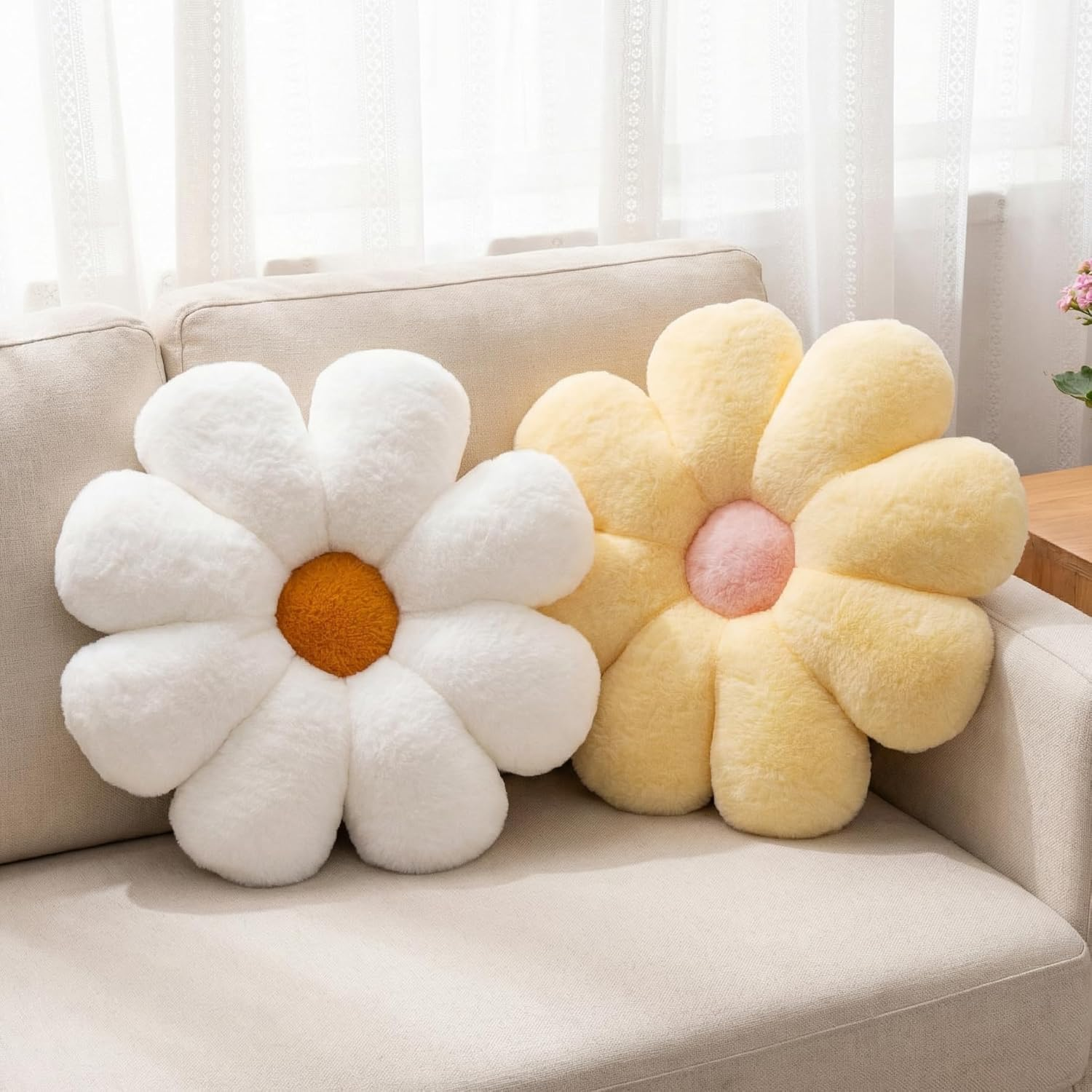 2 Pcs Flower Pillow Floor Cushion Decorative Throw Pillows Cute Aesthetic Pillows Cushions for Bedroom Preppy Room Bed Sofa Chair Decor (Yellow & White) image number 3