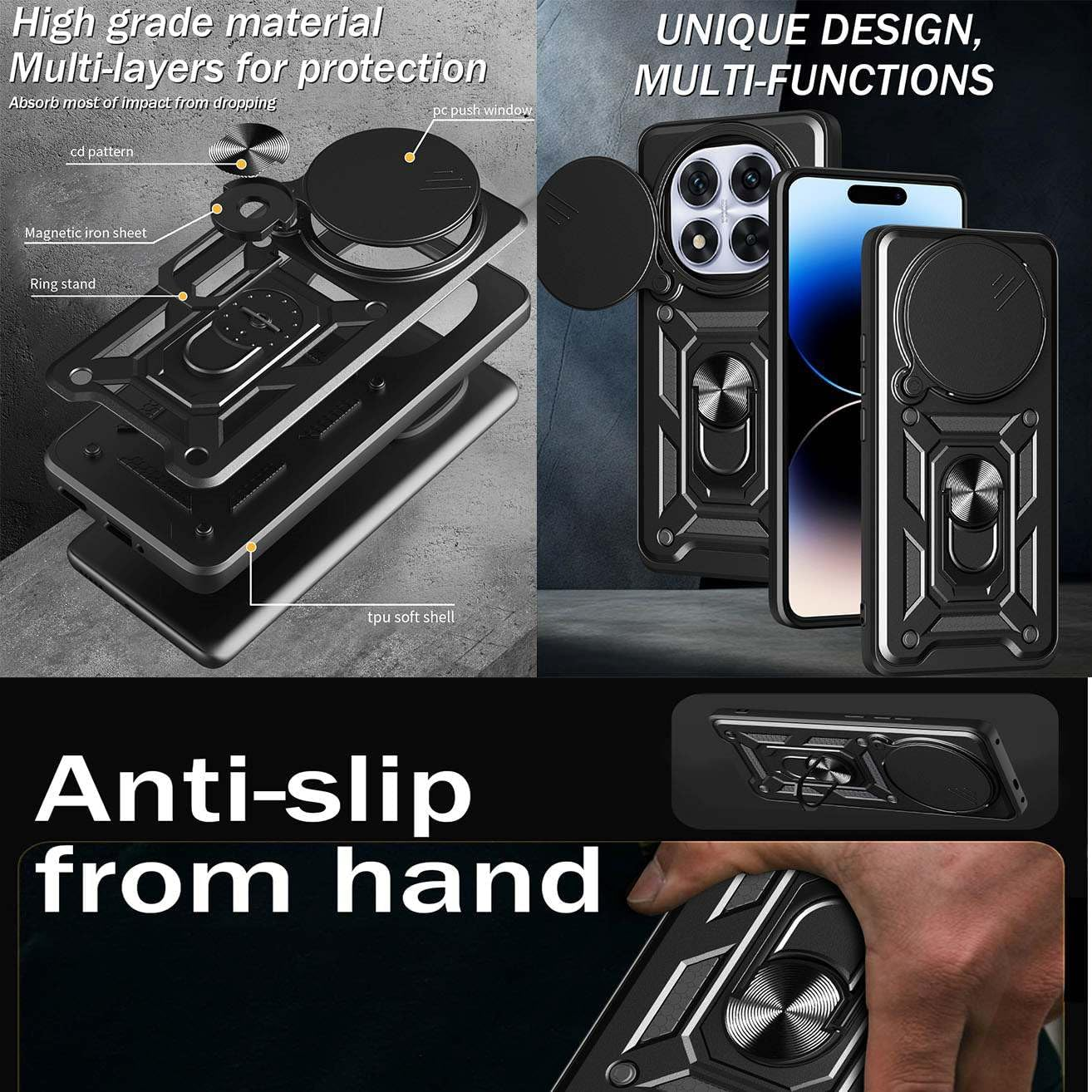 YUEQIAN Case for Xiaomi Redmi Note 14 Pro+ plus 5G, Sliding Camera Cover & Rotating Stand Ring Shockproof Mobile Phone Case, Hard PC + TPU Military Armour Scratch-Resistant Protective Case, Black - Red image number 4