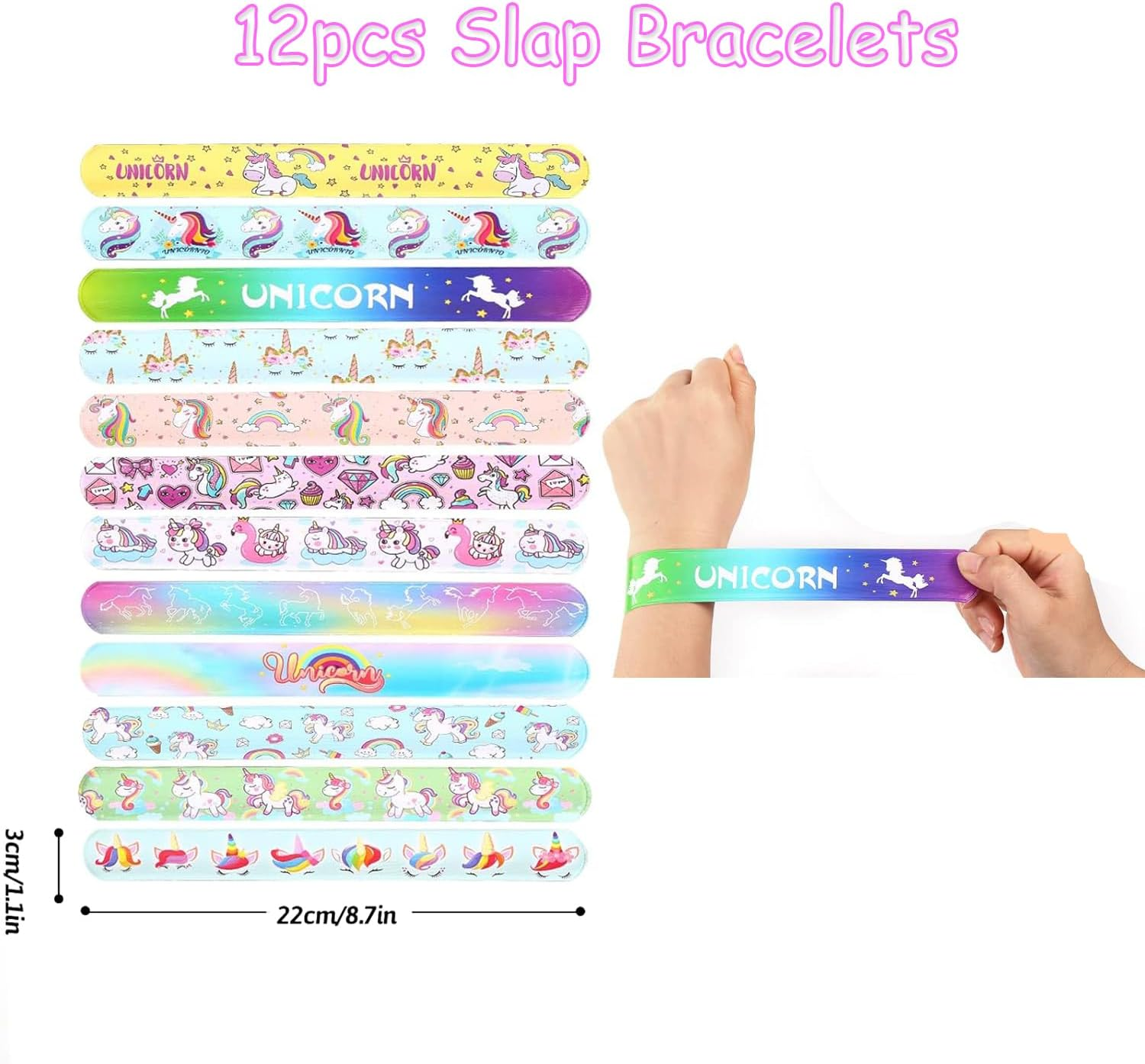 Unicorn Party Favors for Kids Unicorn Party Supplies 12 Slap Bracelets,12 Stamps,10 Sheets Luminous Temporary Tattoos,10 Unicorn Hair Clips,6 Unicorn Erasers for Birthday Party