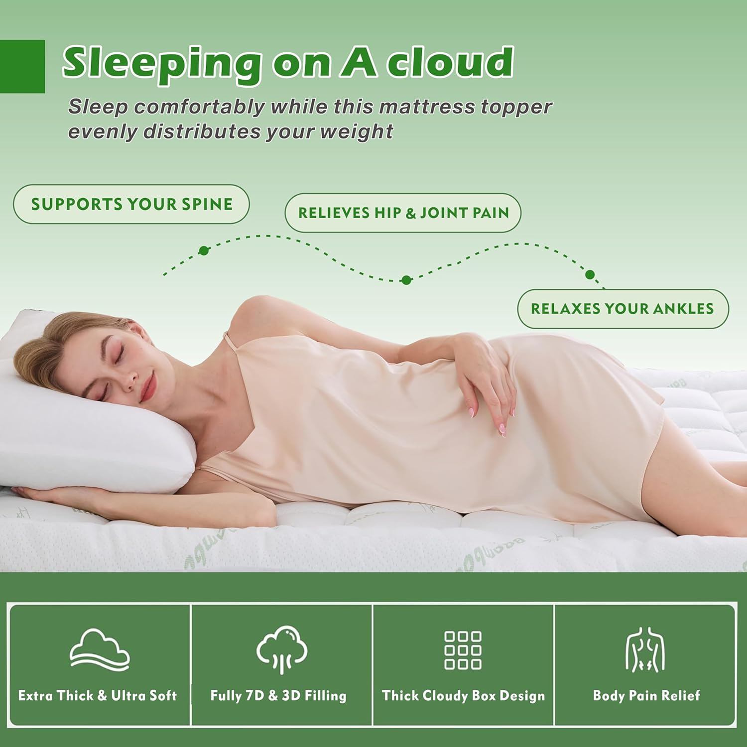 Cooling Bamboo Fibers Mattress Topper for Back Pain, Thick Mattress Pad Cover Plush Soft Pillowtop with Elastic Deep Pocket for Deep Sleep(Green,King Single) image number 5