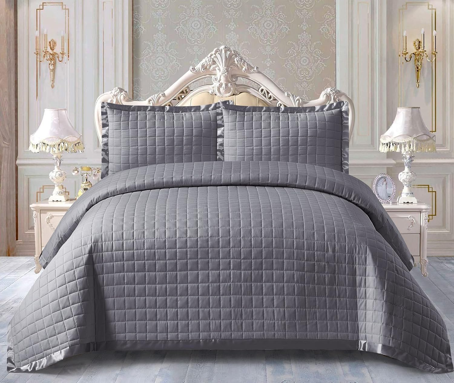 PRIME LINENS Quilted Bedspread Bed Throw 3 Piece Bedding Set Includes Comforter and 2 Pillow Cases Bedroom D&eacute;cor Embossed Quilt Bedding Set Osca (Grey, Super King) image number 1