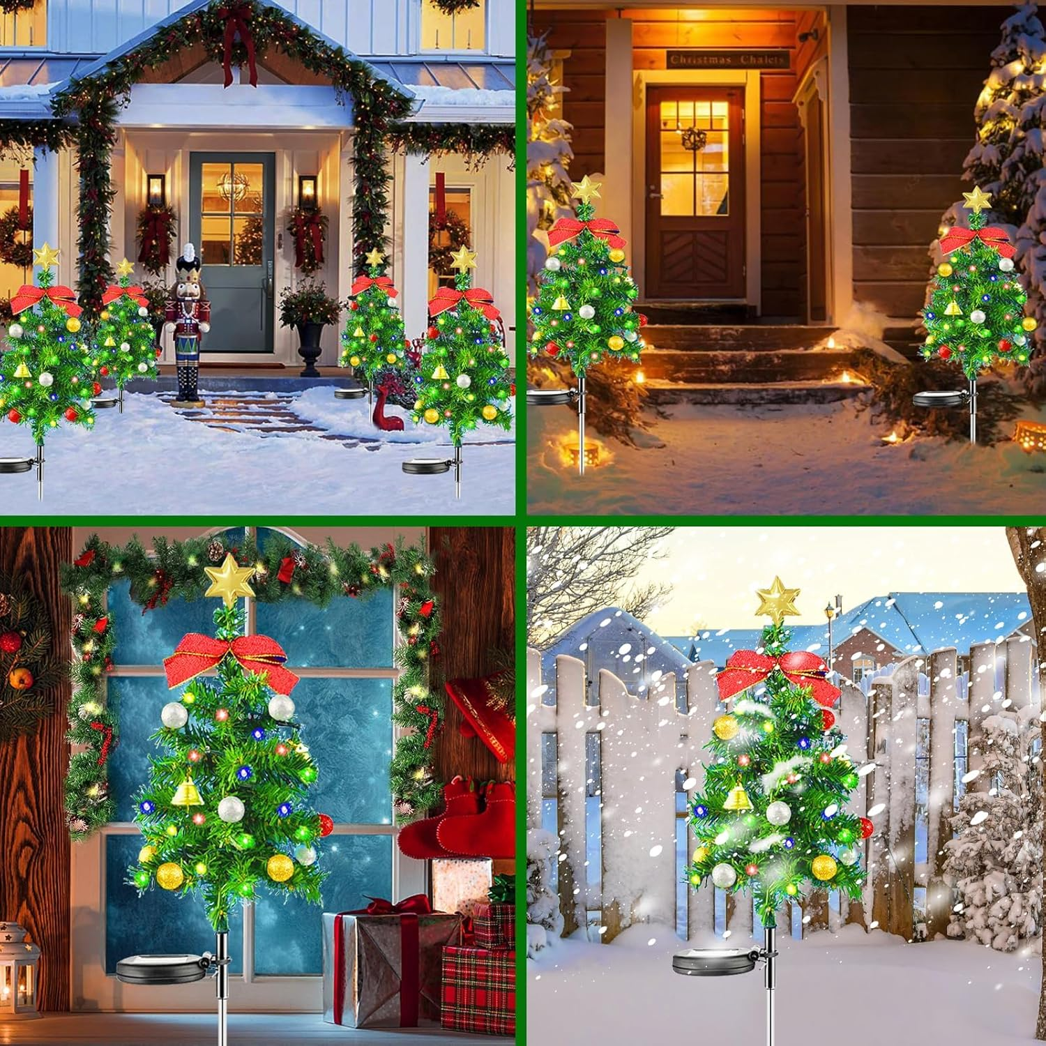 2 Pack Solar Christmas Trees Lights，68Cm Solar Waterproof Christmas Tree with LED Four Color Decorated Prelit Gift Boxes & Ornaments for Pathway Patio Yard Garden image number 3