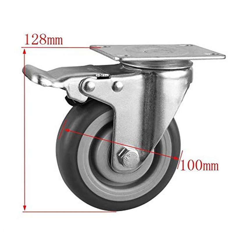 Lehom 4 Inch Swivel Rubber Caster Wheels Heavy Duty Castors with 360 Degree Rubber Base Top Plate Set of 4 (2 with Brakes & 2 Without), Grey image number 6