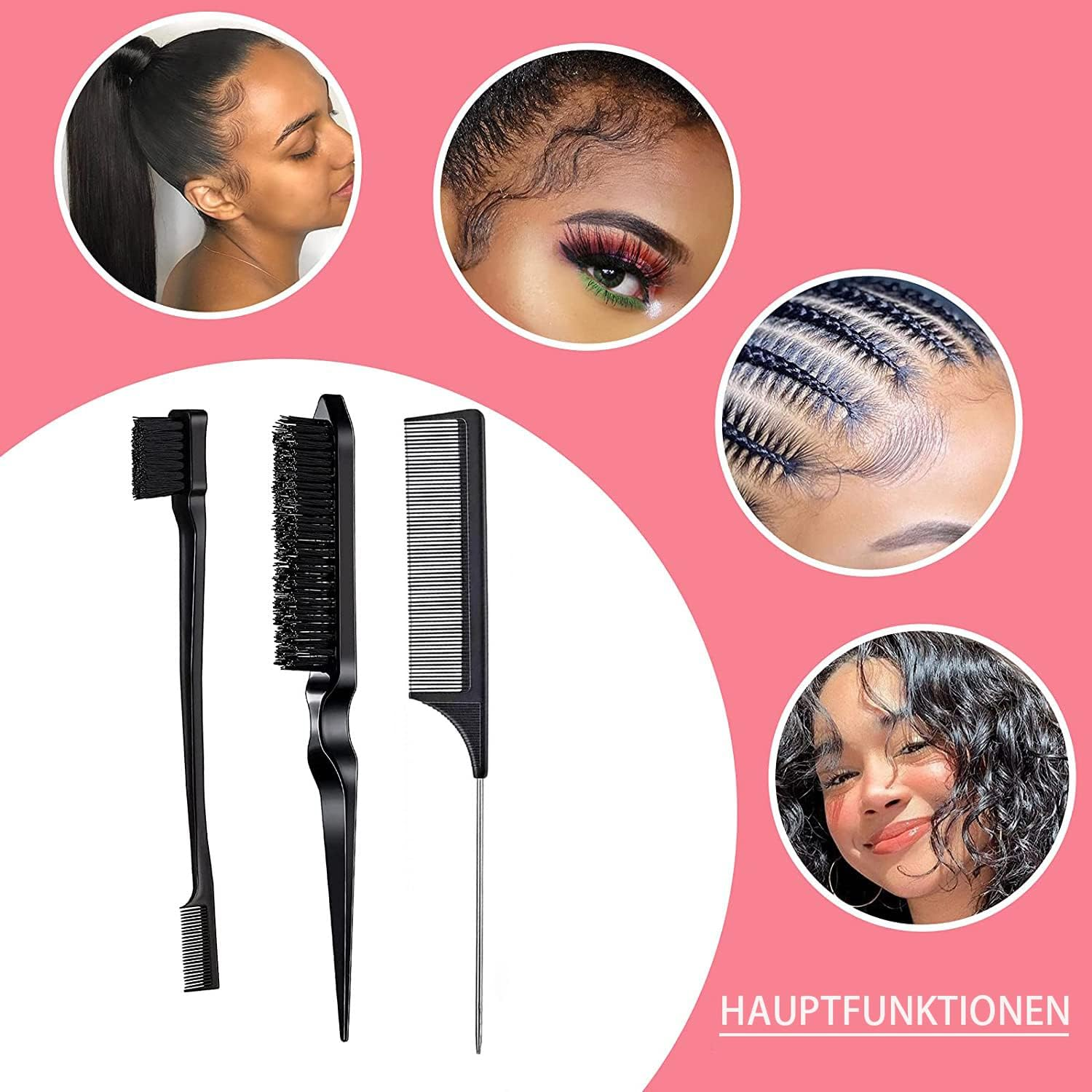 3 Piece Hair Styling Comb Set Teasing Hair Brush Rat Tail Comb Edge Brush for Edge and Back Brushes, Combs, Slicking Hair for Women (Black) - Purple image number 2