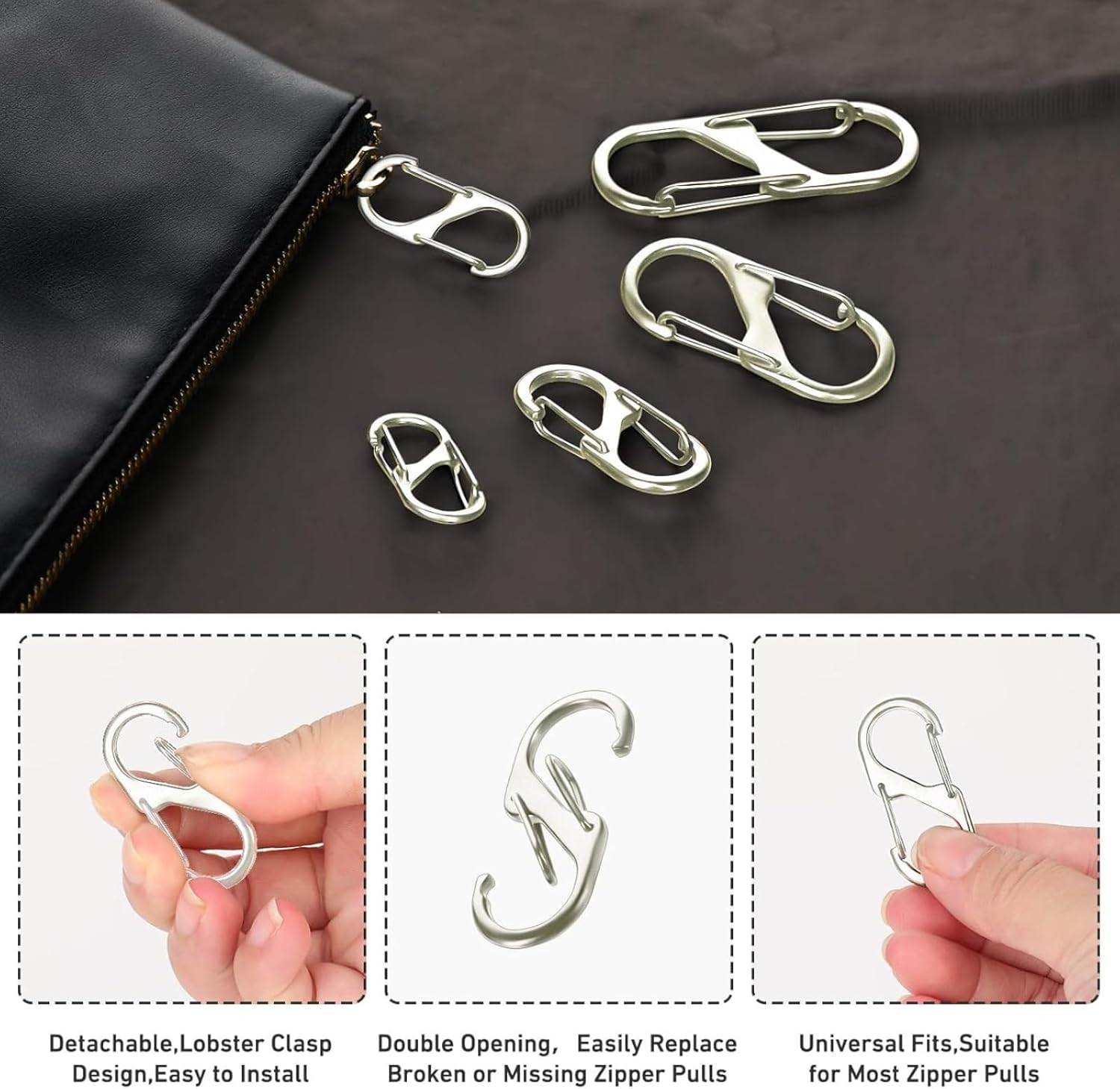30Pcs Zipper Locks, Dual S Shaped Carabiner Clips, 3 Size Zipper Pull Replacement, Backpack Zipper Pulls Keep Zippers Closed, for Luggage Suitcase, Quick Clip Theft Deterrent (Silvery) image number 2