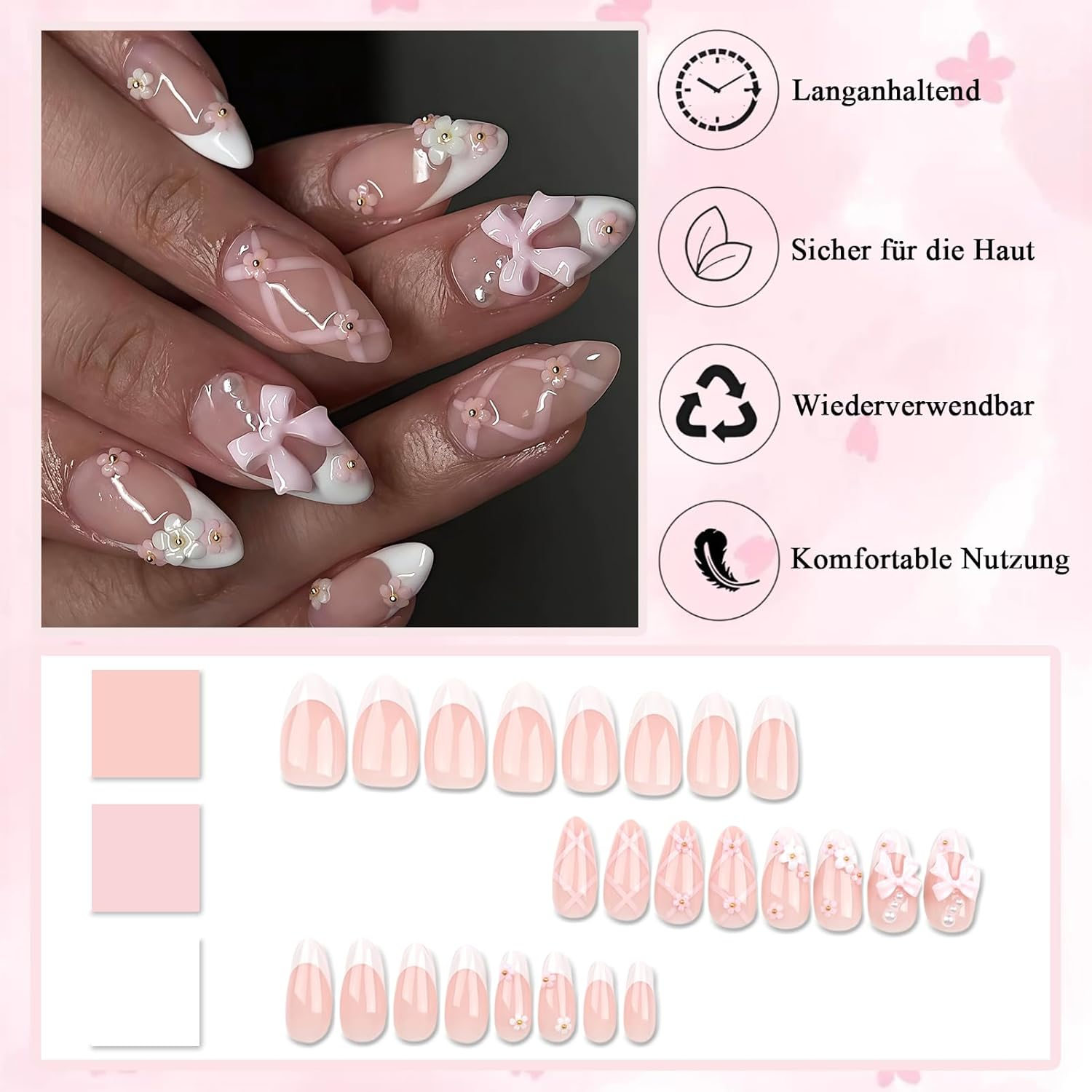 Virellay Almond Fake Nails, Artificial Fingernails, Press on Nails Almond (Pink Bow Flower French, 24 Pieces) image number 3