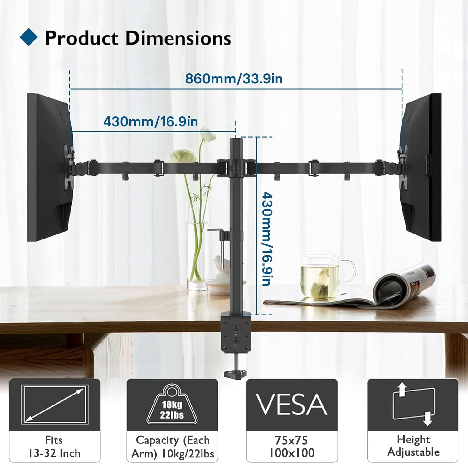 BONTEC Dual Monitor Mount for 13-27 Inch LCD LED PC Screens, Ergonomic Dual Monitor Stand for Desks, Height Adjustable Dual Monitor Arm Bracket Tilt 90&deg; Swivel 180&deg; Rotate 360&deg;, VESA 75/100Mm image number 4