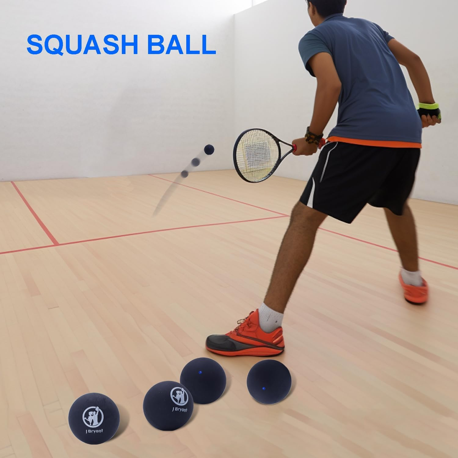 J Bryant Squash Balls 4 Pack, Single Blue Dot Rubber Squash Ball for Beginners and Kids Competition Training