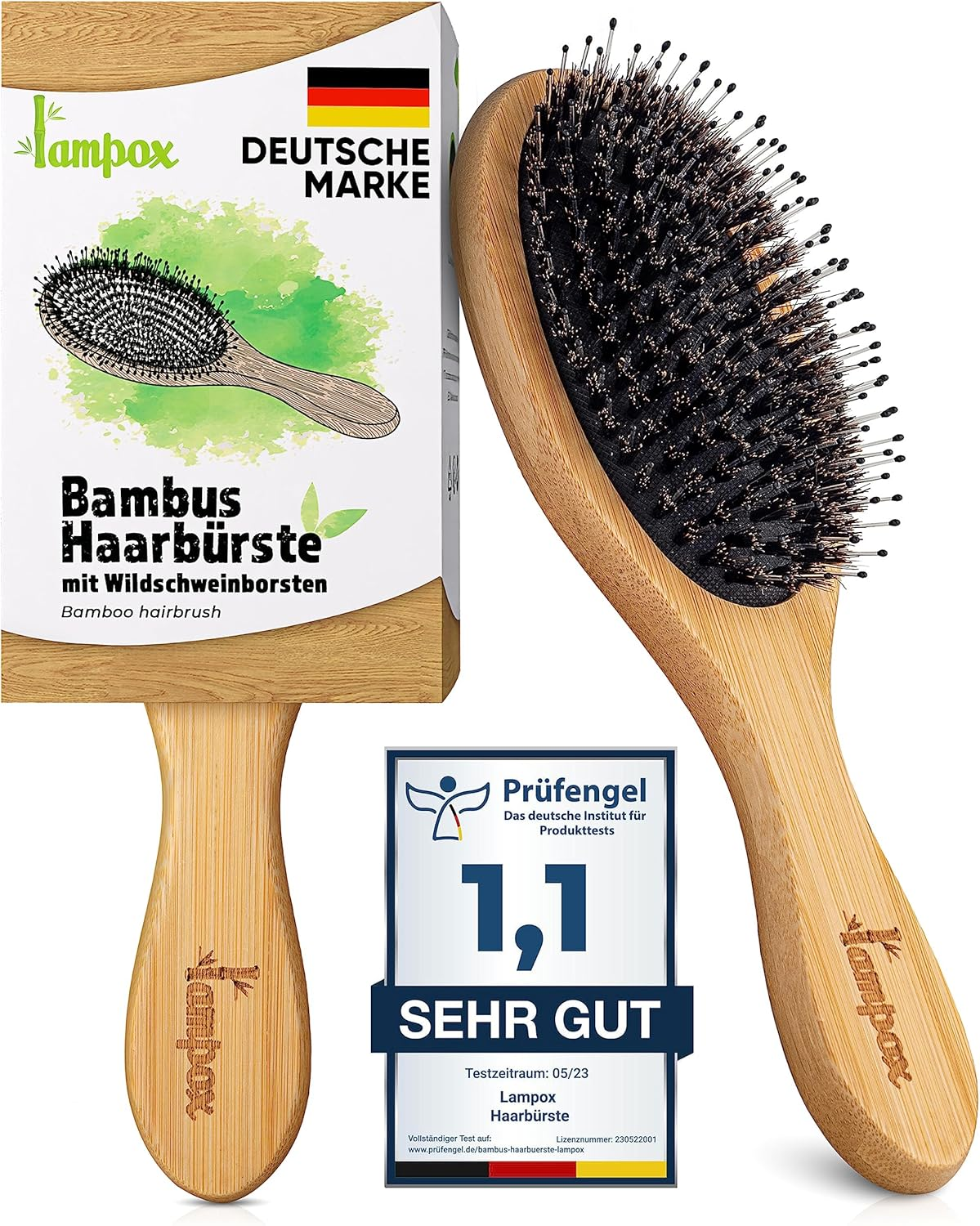 Lampox - Bamboo Hair Brush with Boar Bristles Head Massage Hair Care, Detangling Brush for Long Hair & Curls of Women, Men & Children, Massage Brush for Scalp, Detangler (Oval)