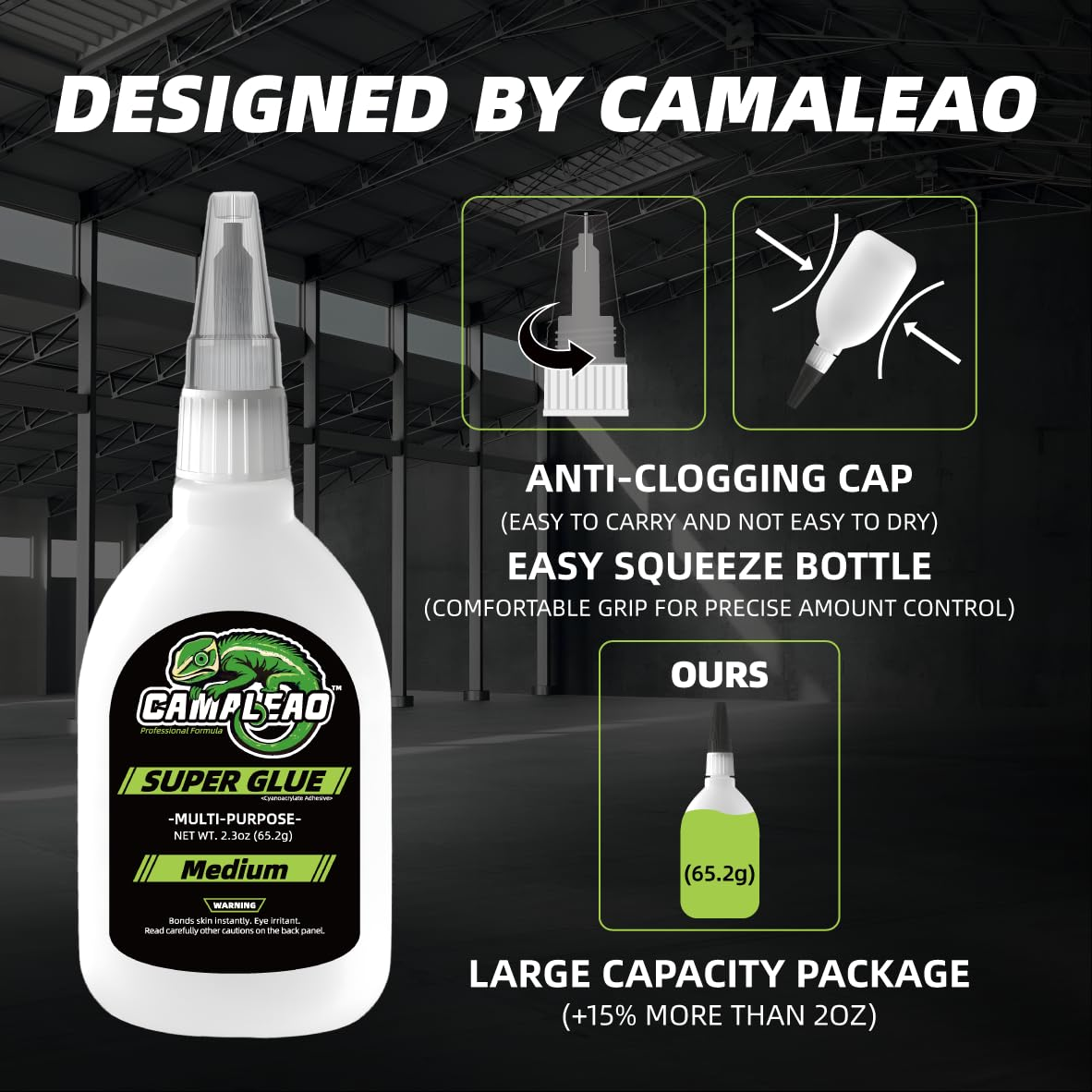 CAMALEAO Medium Super Glue, 2.3 Oz Muti-Purpose Cyanoacrylate (CA) Glue, Extra Caps and Microtips, 2610 PSI High Strength Instant Adhesive for Ceramic, Glass, DIY Craft, 3D Printing (PLA, ABS, PETG) image number 5